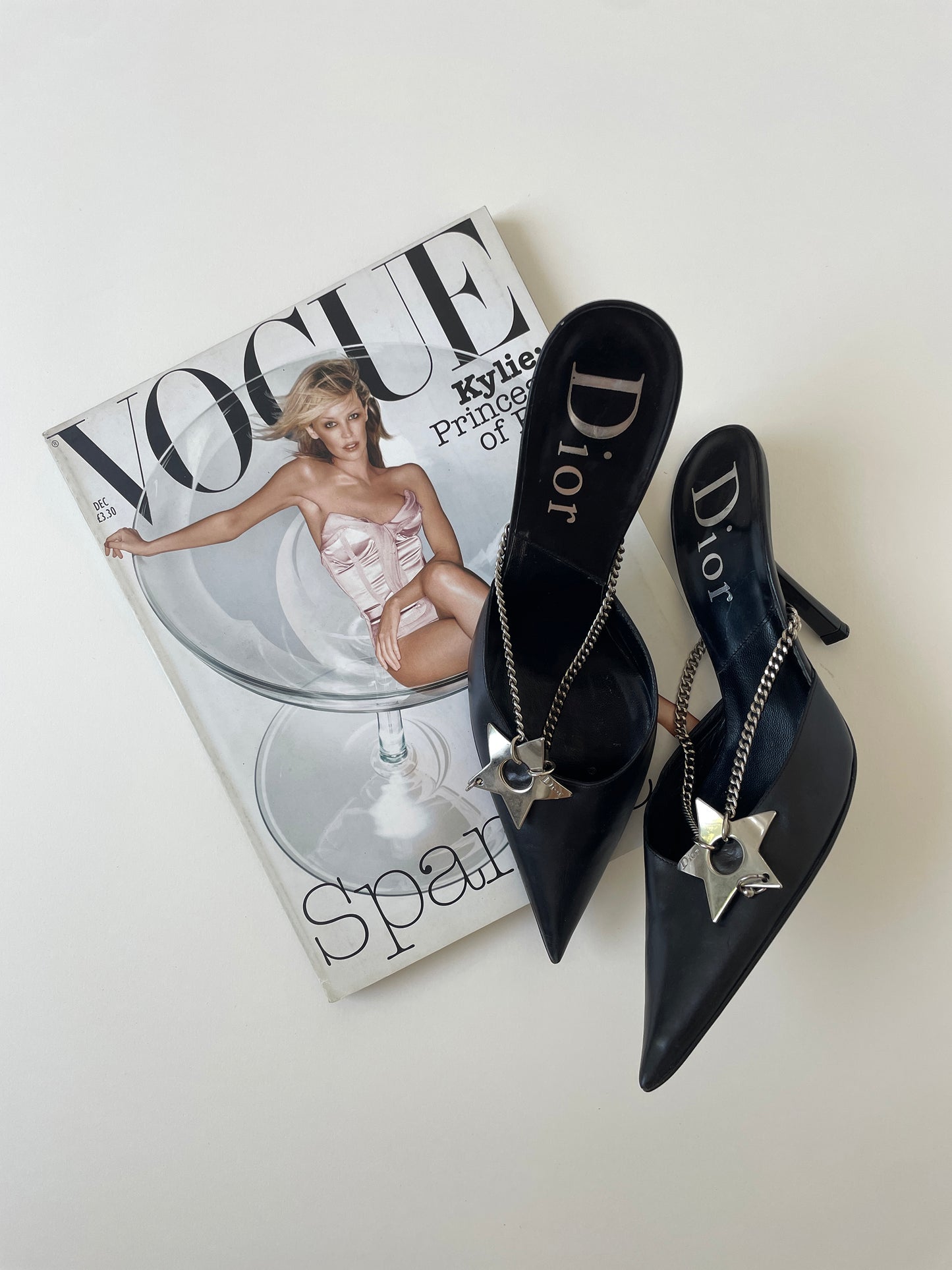 Vintage Christian Dior iconic S/S 2004 by John Galliano black hardcore mules with chains and pierced star application