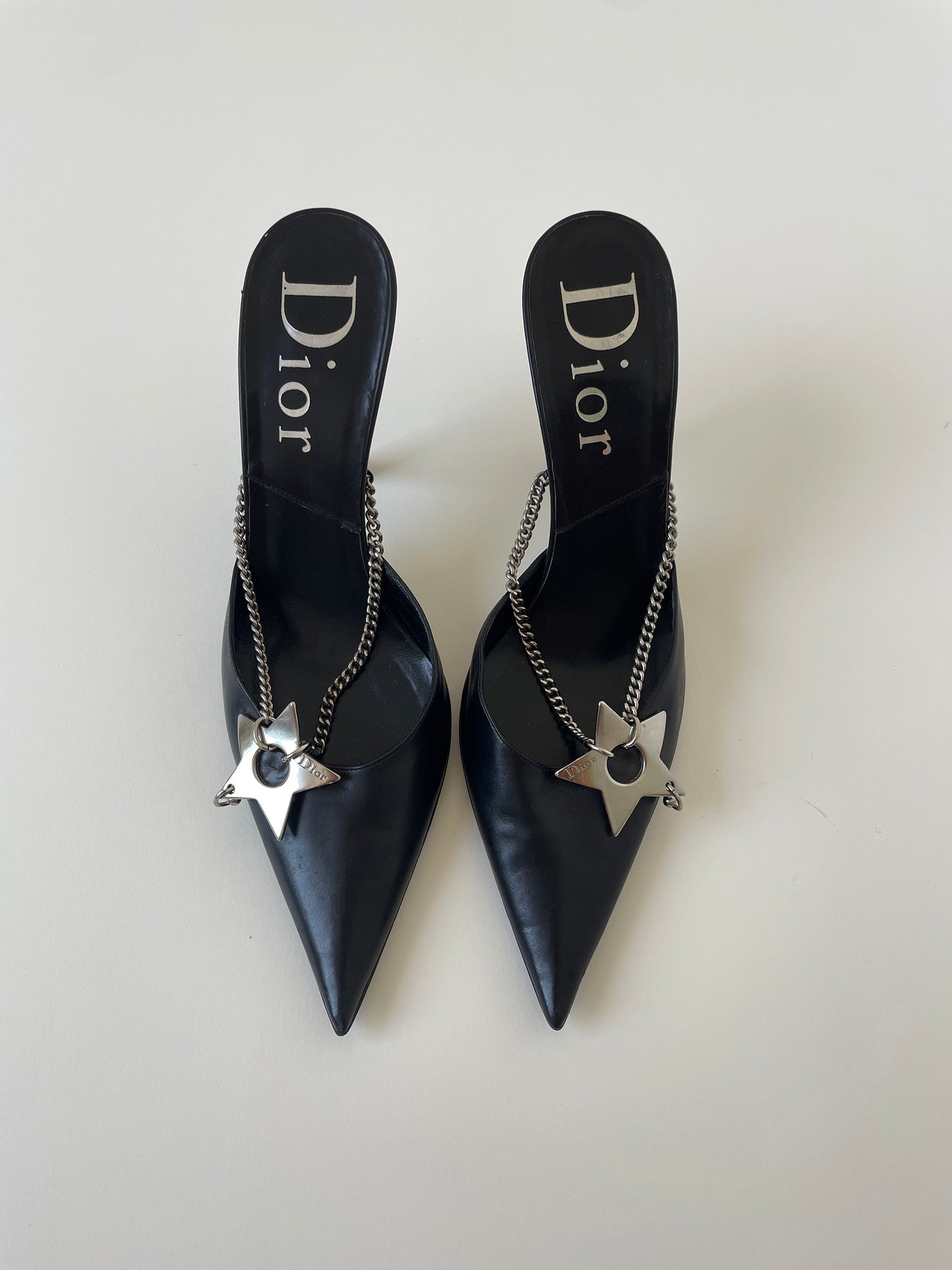 Vintage Christian Dior iconic S/S 2004 by John Galliano black hardcore mules with chains and pierced star application
