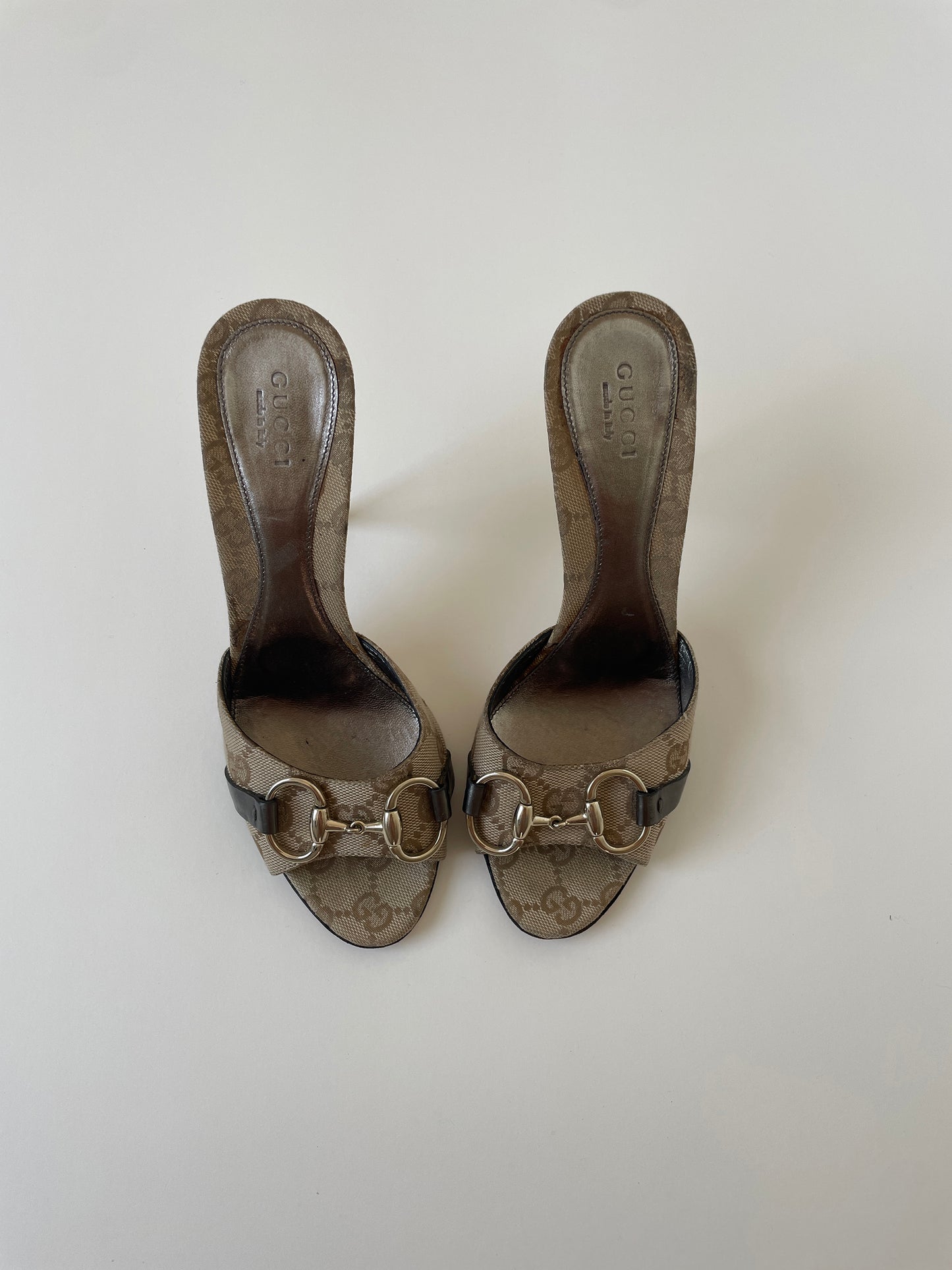 Vintage 2000s Gucci dark beige horsebit monogram sandal heels with silver mirror heels