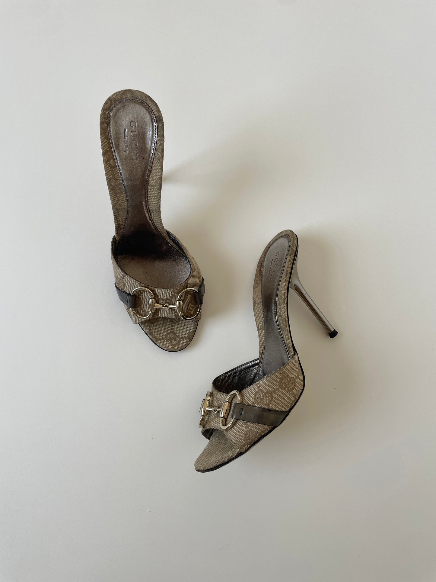 Vintage 2000s Gucci dark beige horsebit monogram sandal heels with silver mirror heels