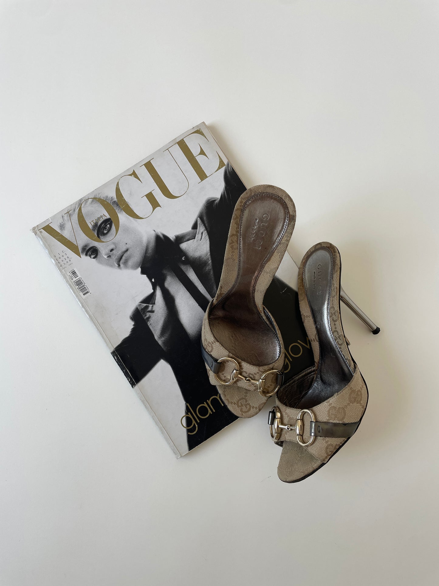 Vintage 2000s Gucci dark beige horsebit monogram sandal heels with silver mirror heels