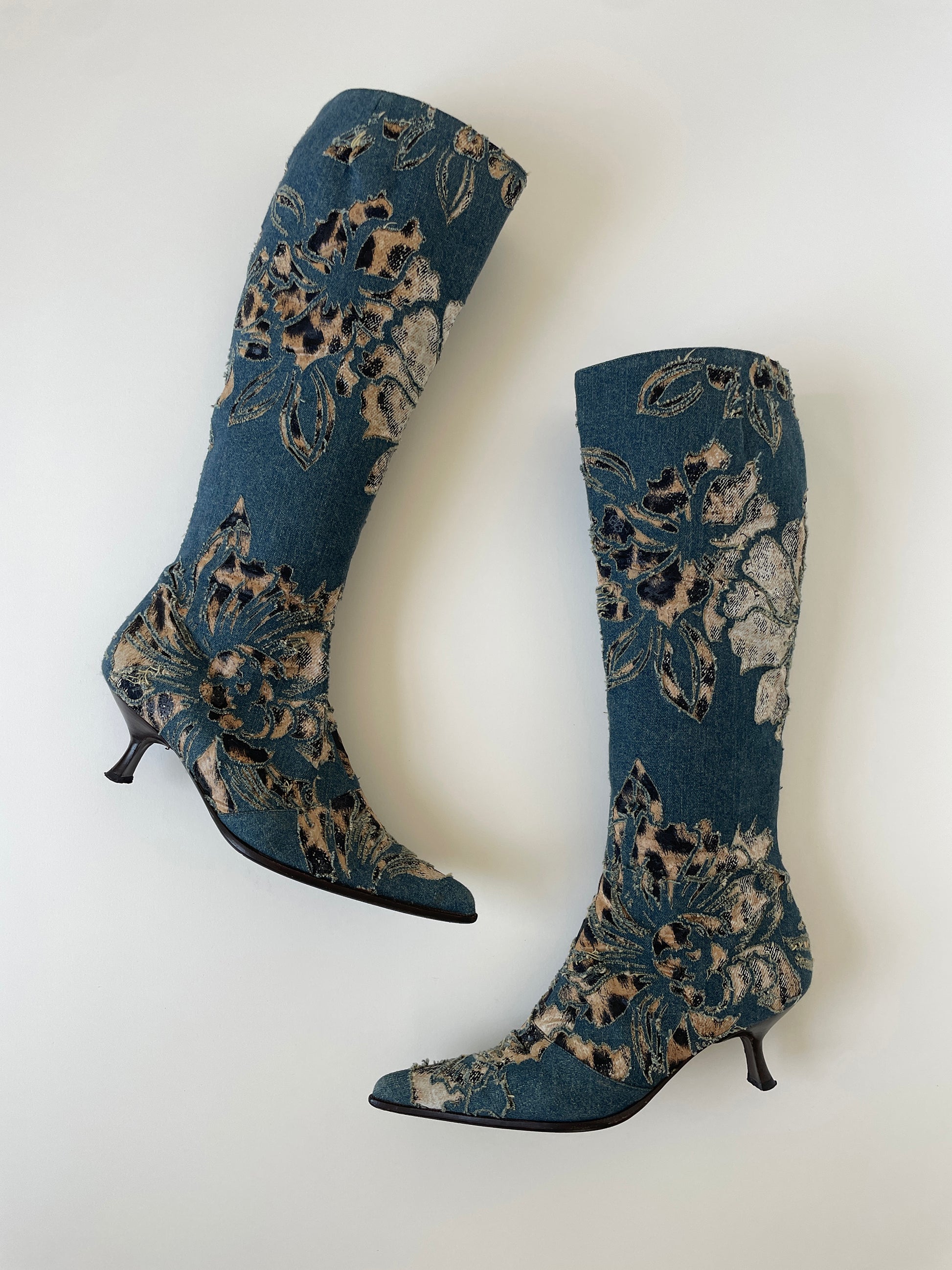 Vintage Roberto Cavalli S/S 2002 iconic denim floral laser cutout kitten heel boots with leopard details