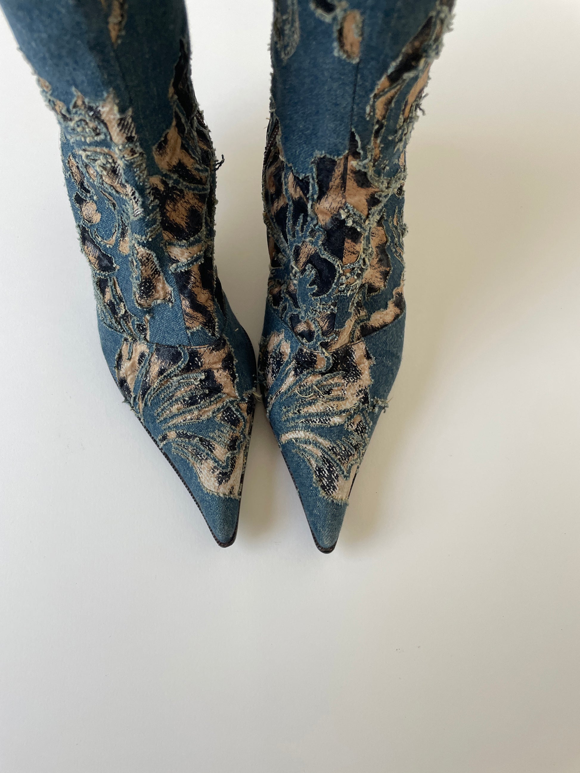 Vintage Roberto Cavalli S/S 2002 iconic denim floral laser cutout kitten heel boots with leopard details