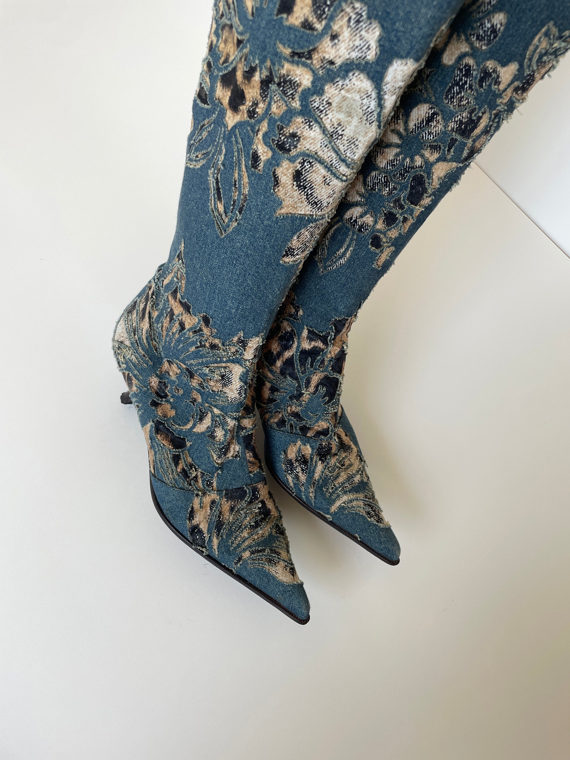 Vintage Roberto Cavalli S/S 2002 iconic denim floral laser cutout kitten heel boots with leopard details
