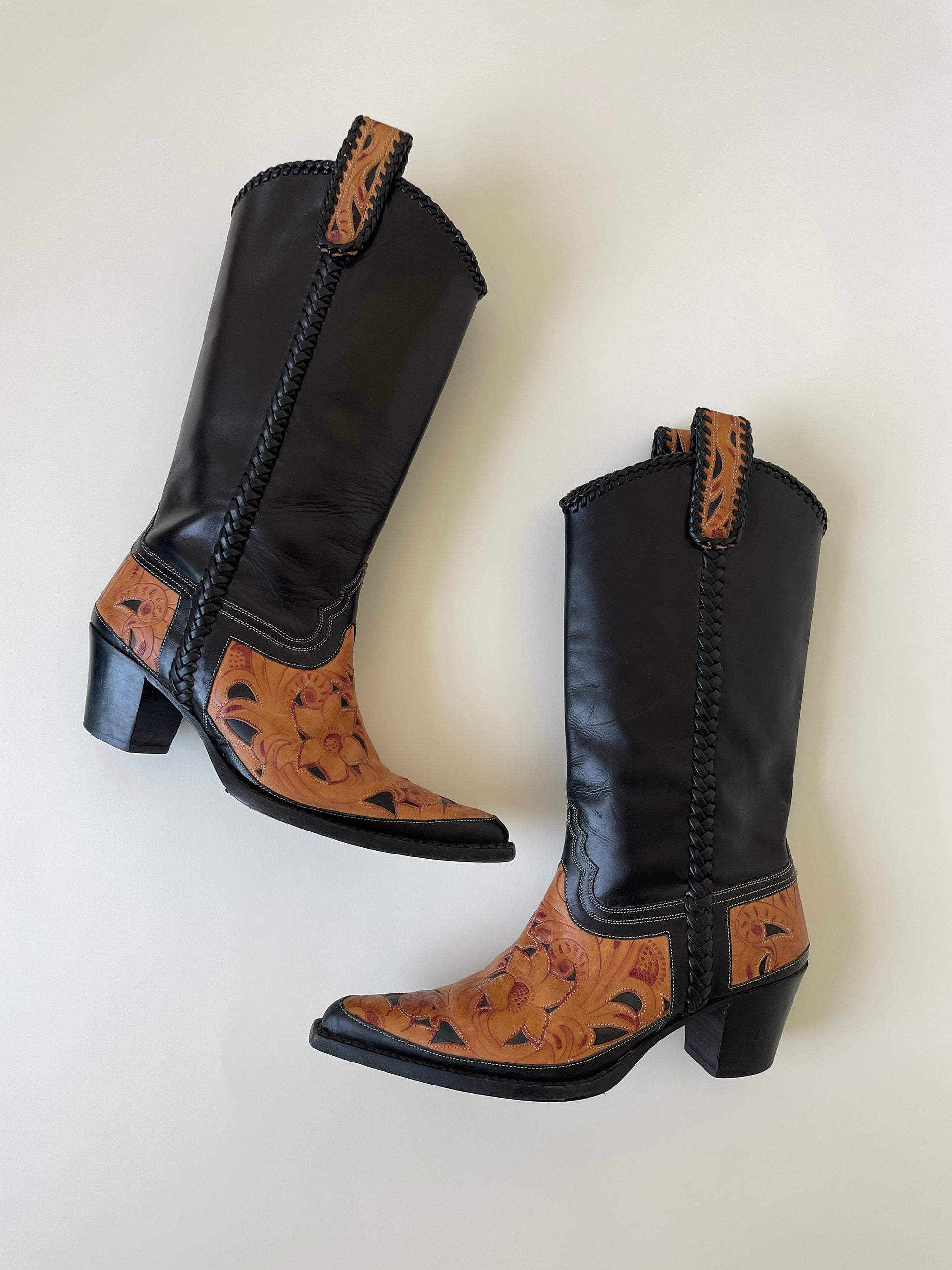 Vintage Blumarine SS 2002 iconic black hand painted western boots with floral cutout details.