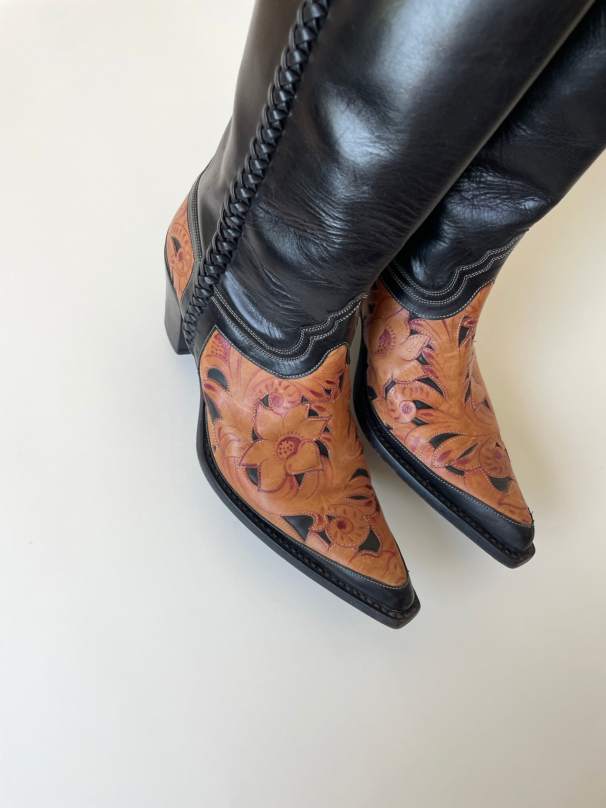 Vintage Blumarine SS 2002 iconic black hand painted western boots with floral cutout details.