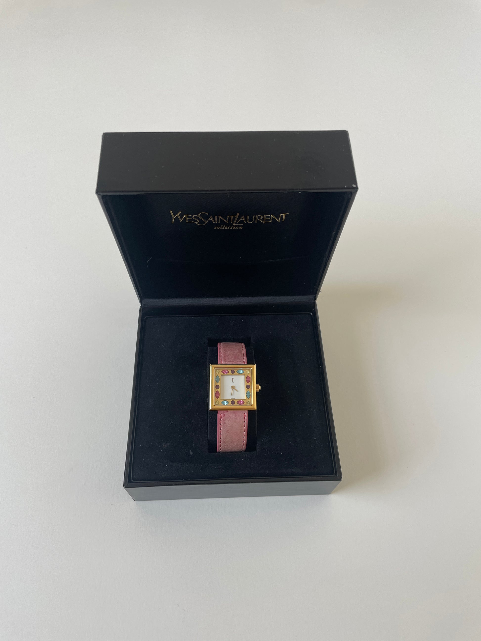 Vintage YSL 1996 pink gold pleated Swarovski square watch with blue and pink Swarovski chystals