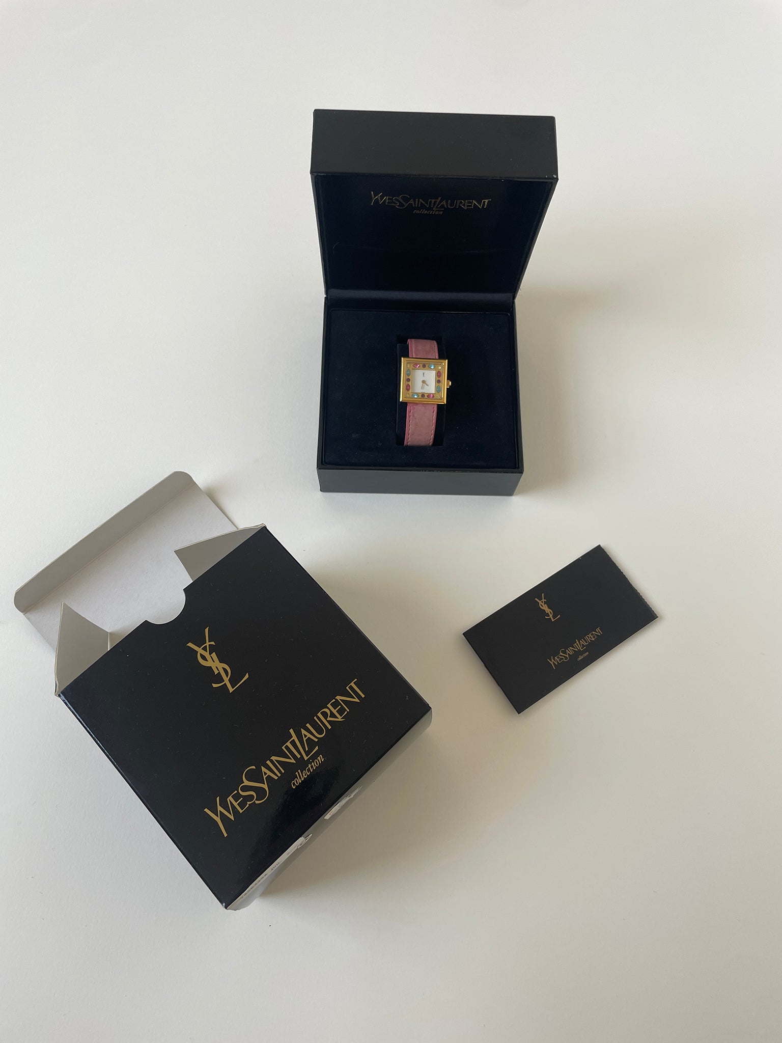 Vintage YSL 1996 pink gold pleated Swarovski square watch with blue and pink Swarovski chystals