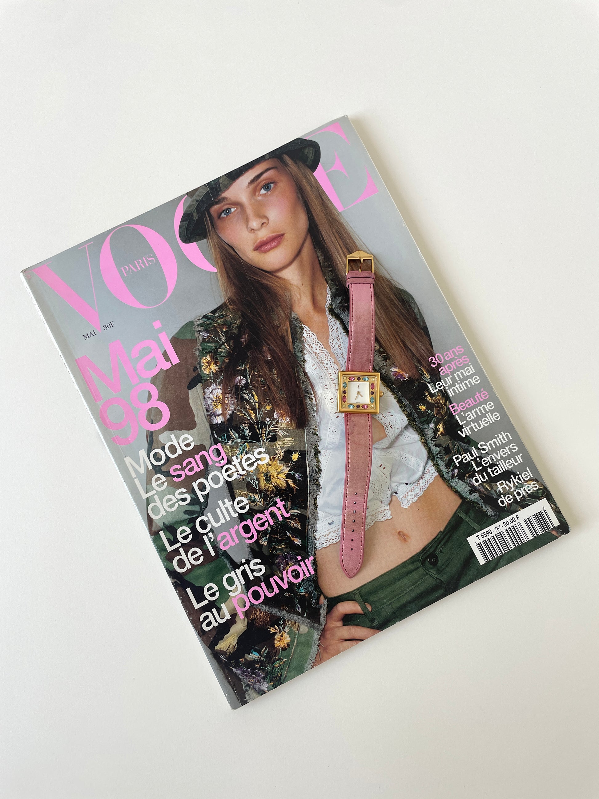 Vintage YSL 1996 pink gold pleated Swarovski square watch with blue and pink Swarovski chystals