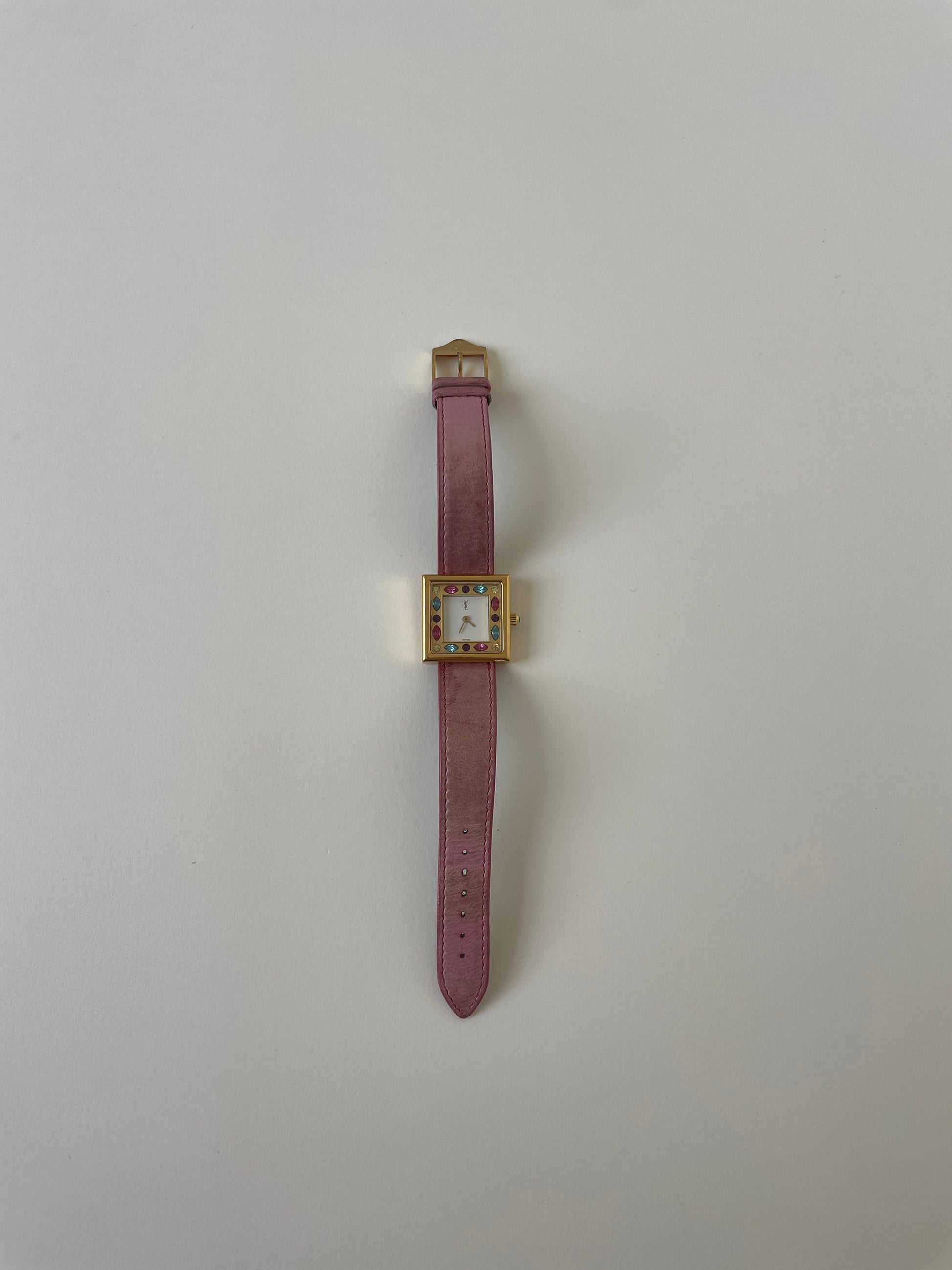 Vintage YSL 1996 pink gold pleated Swarovski square watch with blue and pink Swarovski chystals
