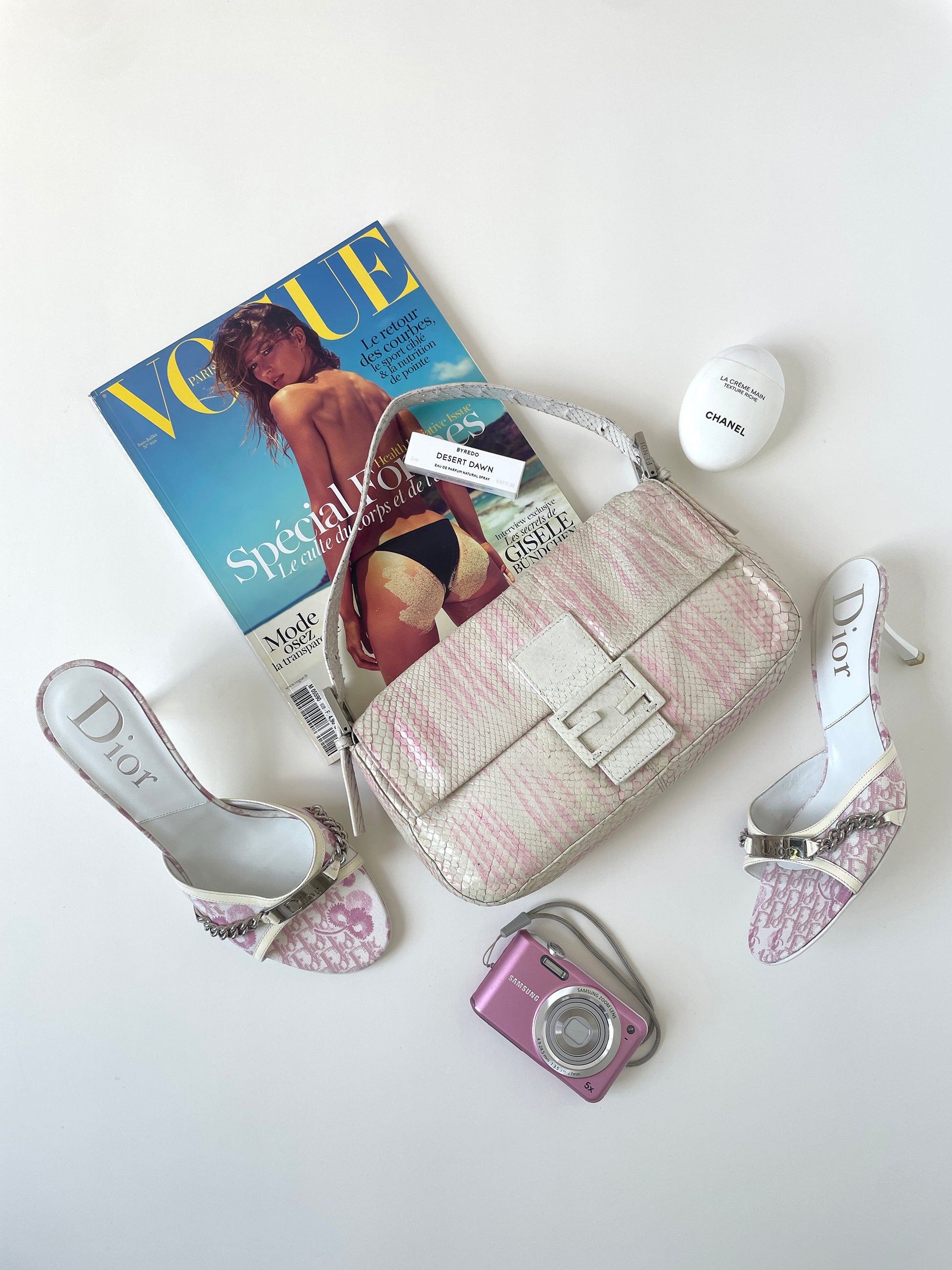 Vintage Fendi 2000s rare white and pink python baguette bag with pink satin lining