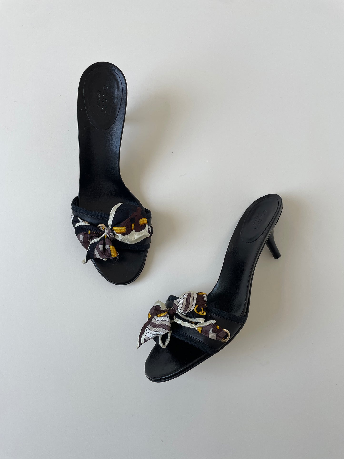 Vintage Gucci 2000s black silk bow kitten heels with cute monogram and eyelet details in UNWORN condition