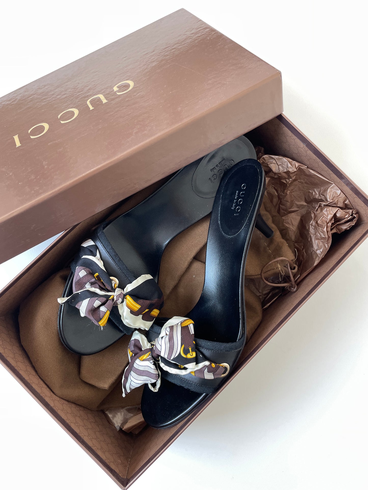 Vintage Gucci 2000s black silk bow kitten heels with cute monogram and eyelet details in UNWORN condition