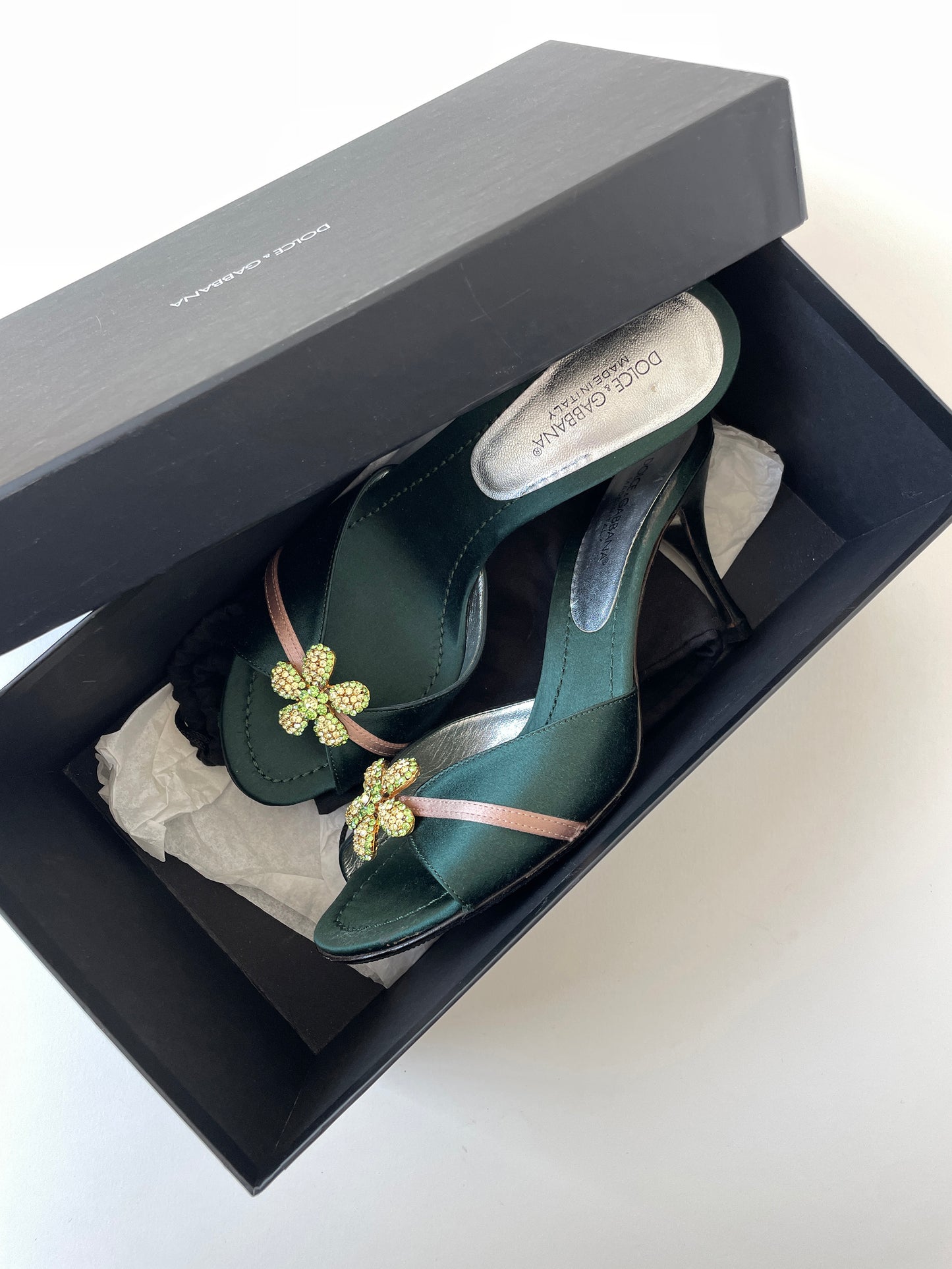 Dolce & Gabbana 2000s emerald satin rhinestone flower heels (EU 38,5 / US 8)