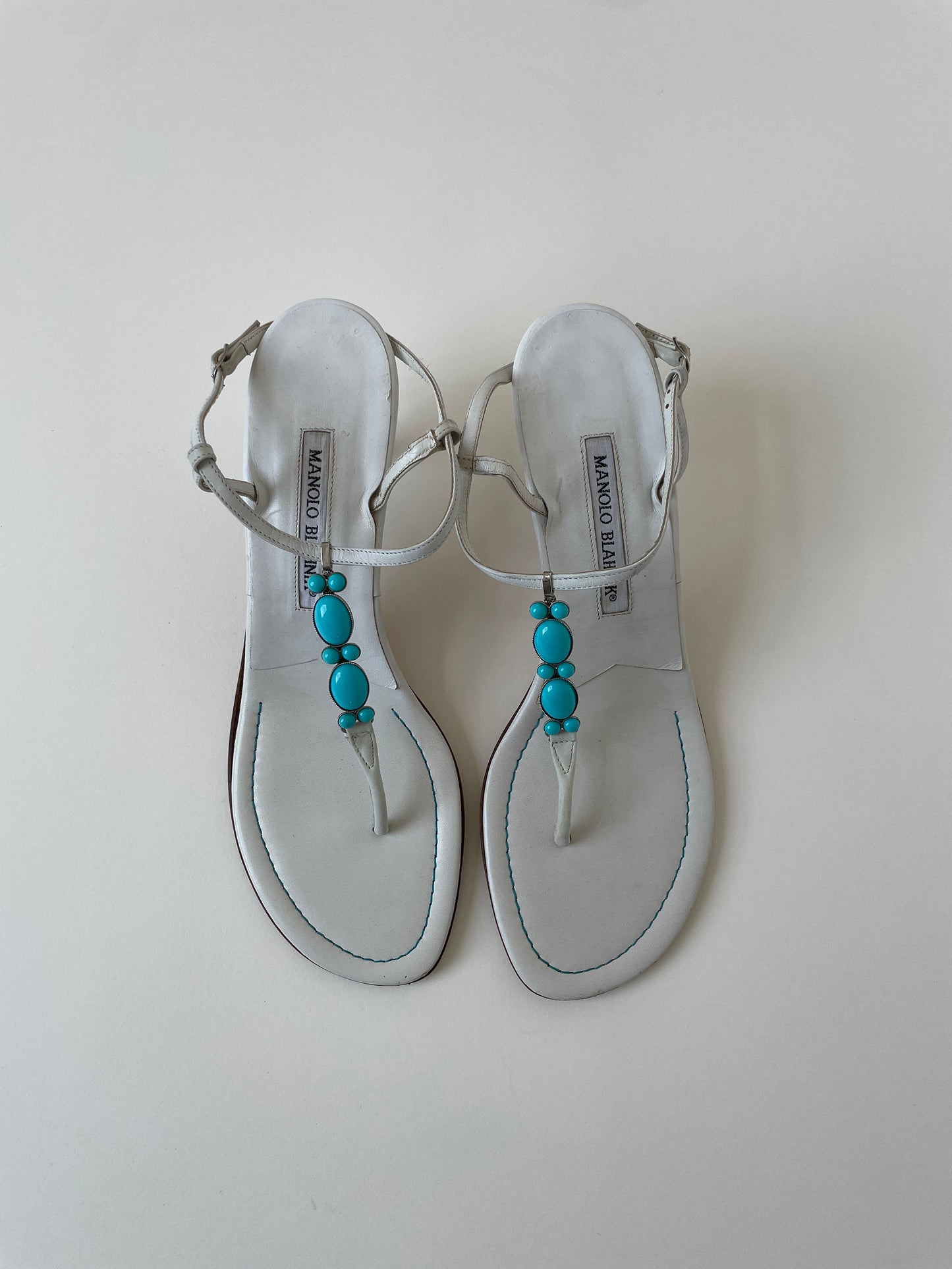 Vintage Manolo Blahnik white thong kitten heels with turqouise stones