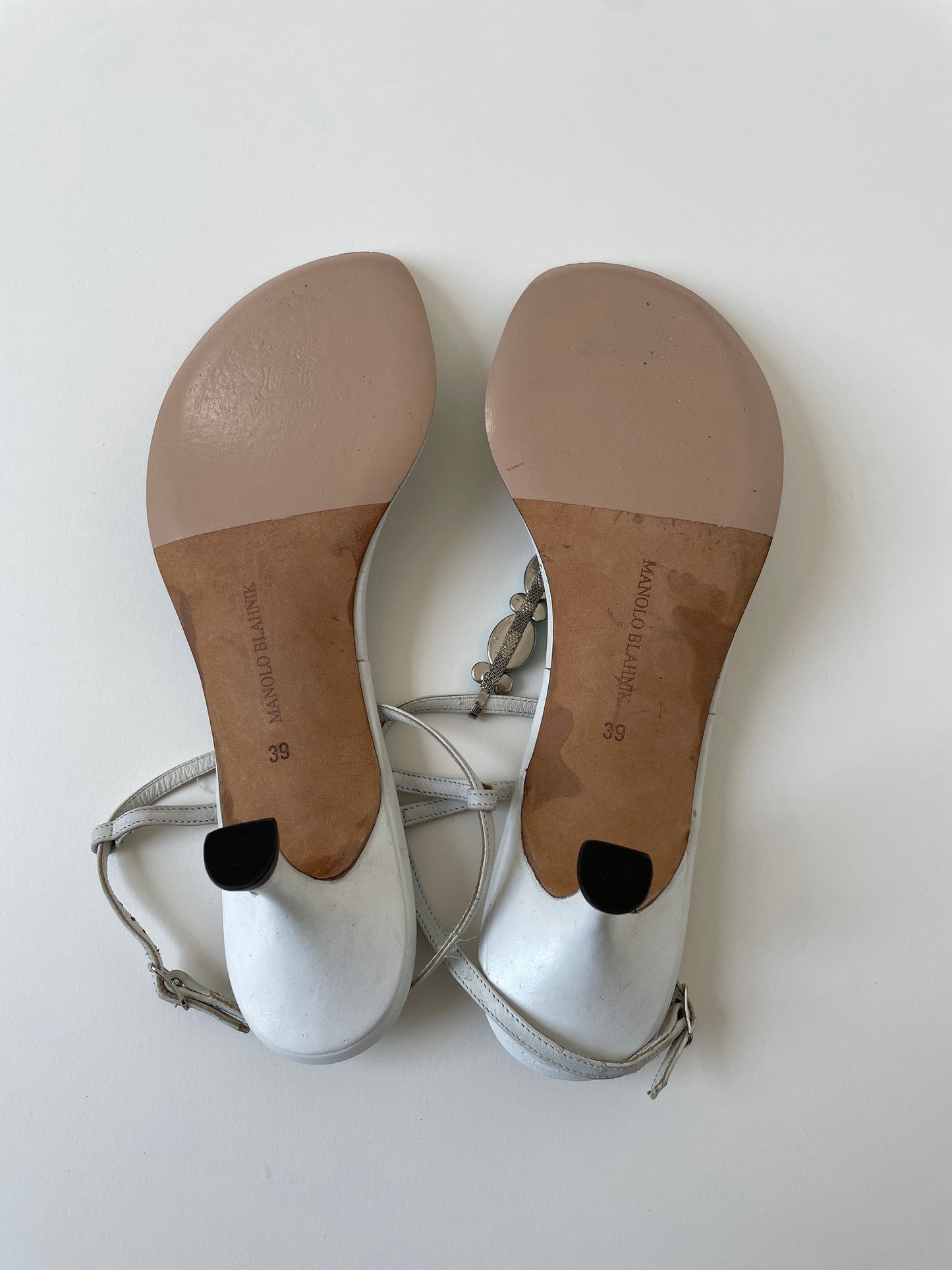 Vintage Manolo Blahnik white thong kitten heels with turqouise stones