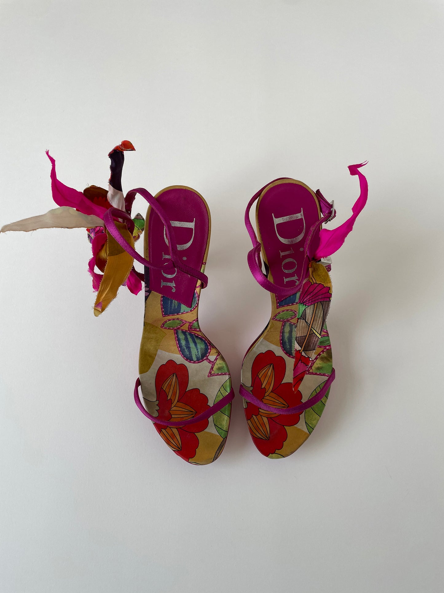 Vintage Christian Dior by John Galliano 2000s silk print plateau sandal heels with big adjustable flower application.