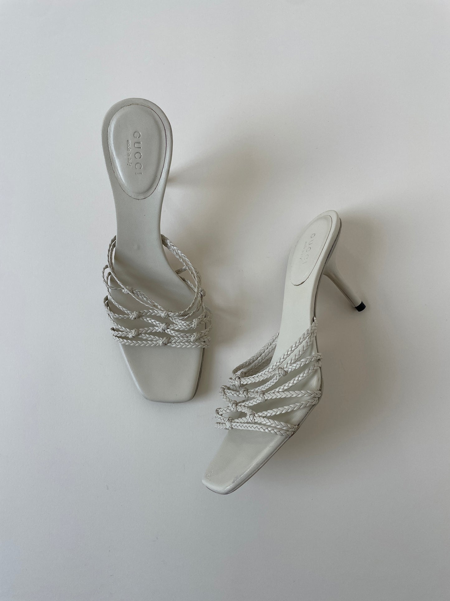 Vintage Gucci 2000s by Tom Ford cream white skinny strappy braided sandal heels