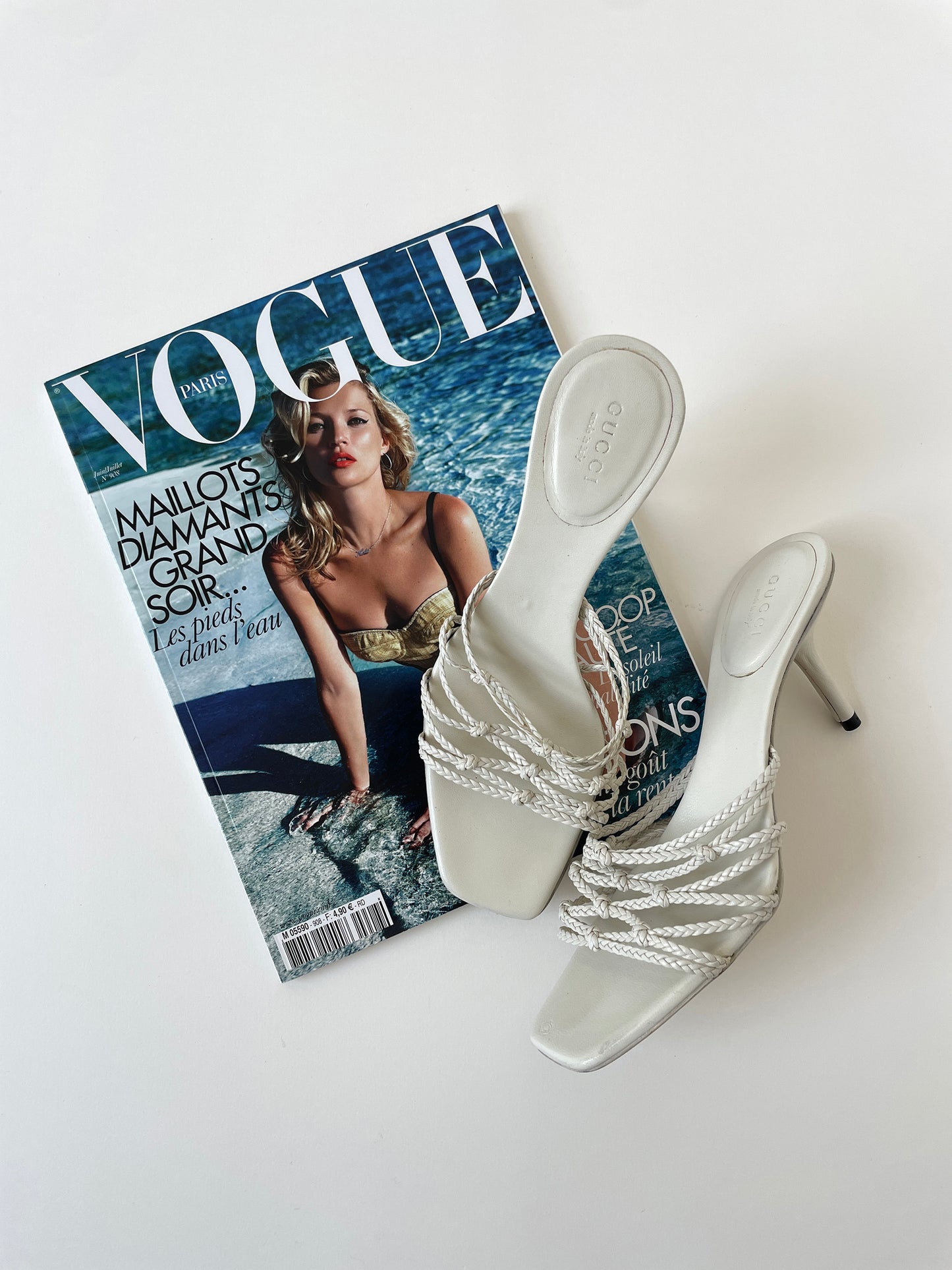 Vintage Gucci 2000s by Tom Ford cream white skinny strappy braided sandal heels