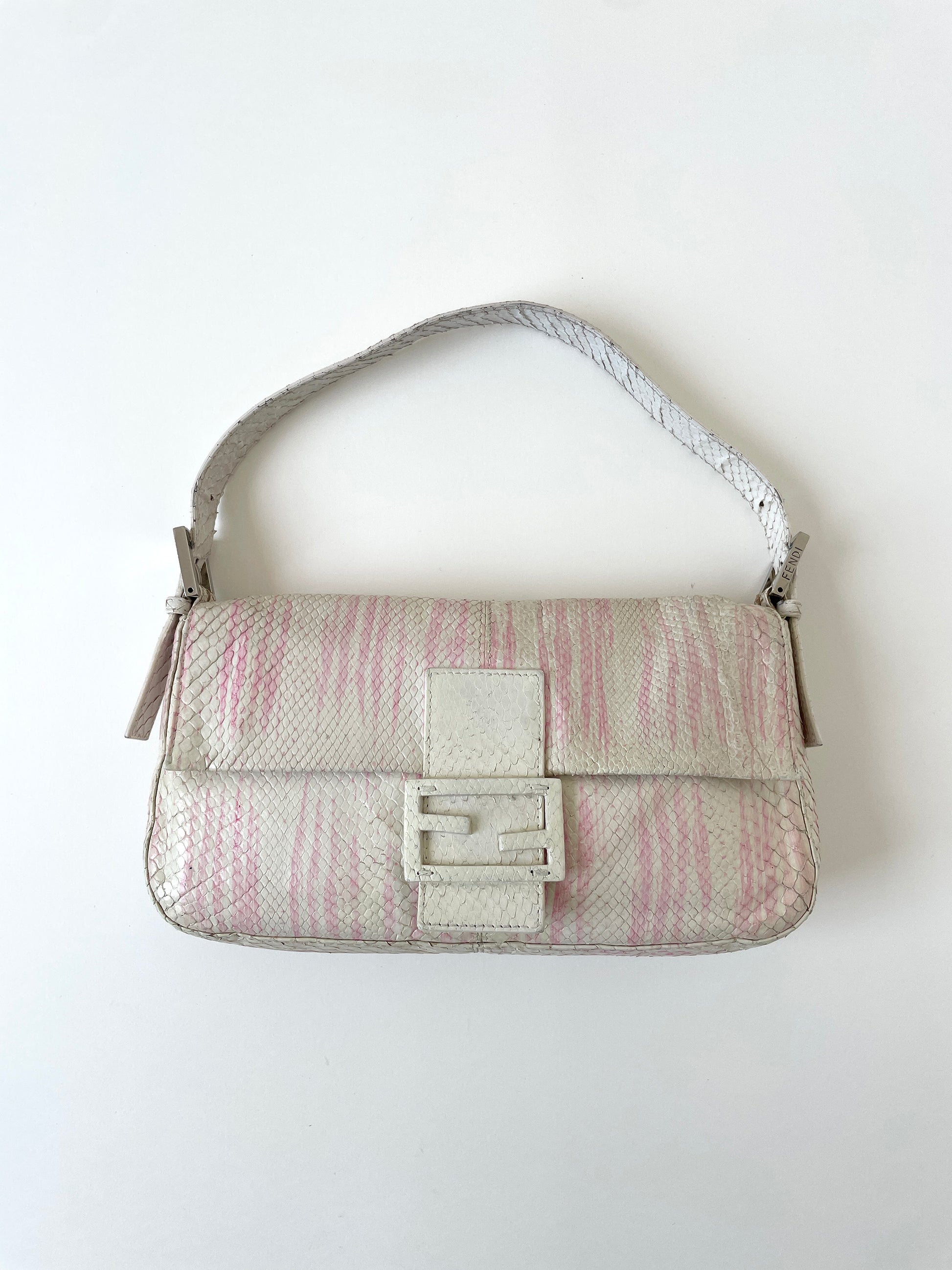 Vintage Fendi 2000s rare white and pink python baguette bag with pink satin lining