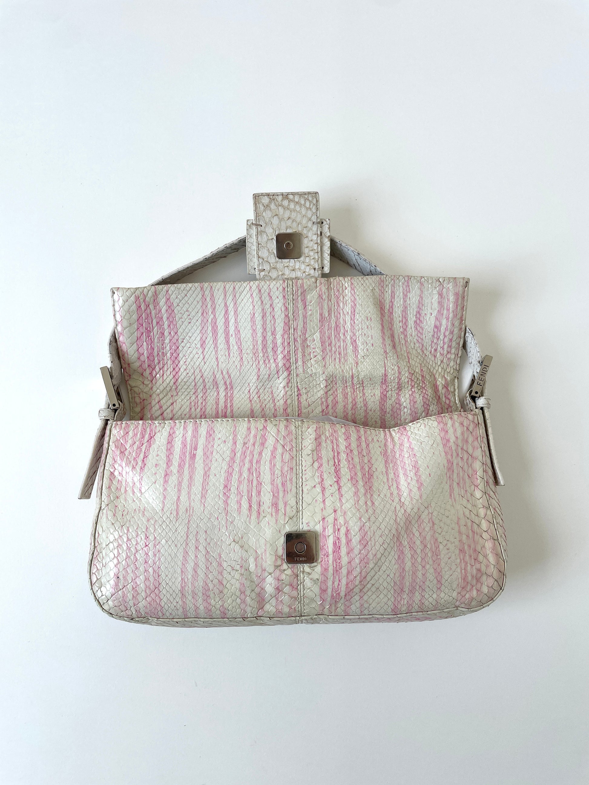 Vintage Fendi 2000s rare white and pink python baguette bag with pink satin lining