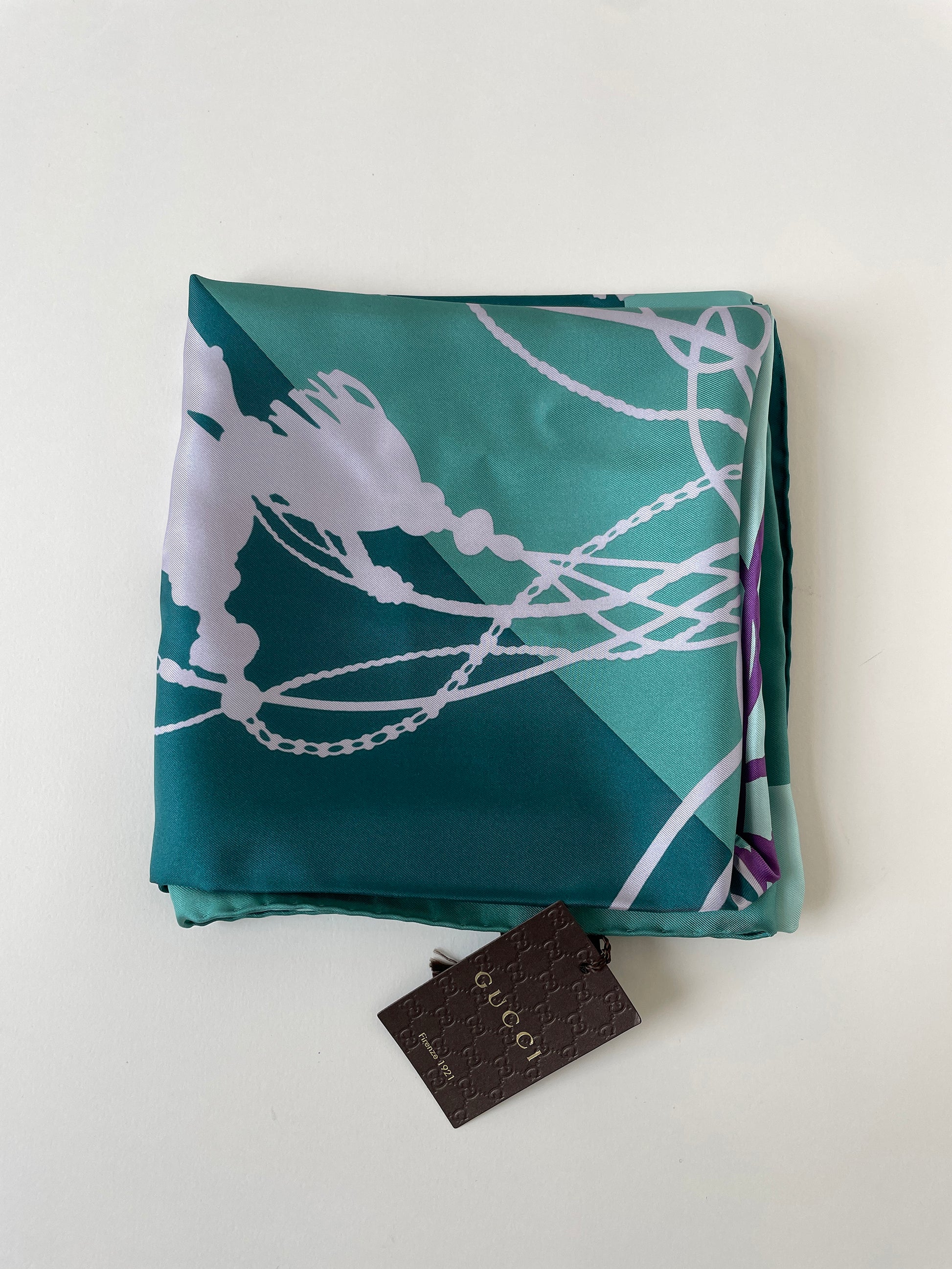 Vintage Gucci 2000s big sea blue purple silk scarf with tassle print in UNWORN condition