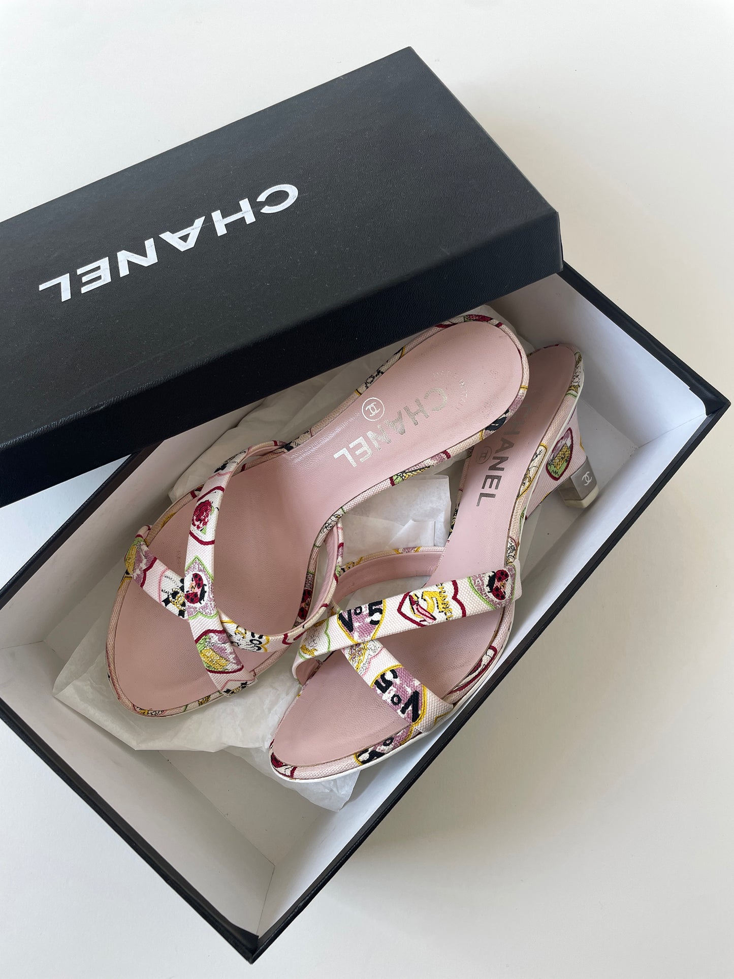 Vintage Chanel 2000s by Karl Lagerfeld light pink wedges with cute Paris themed comic print