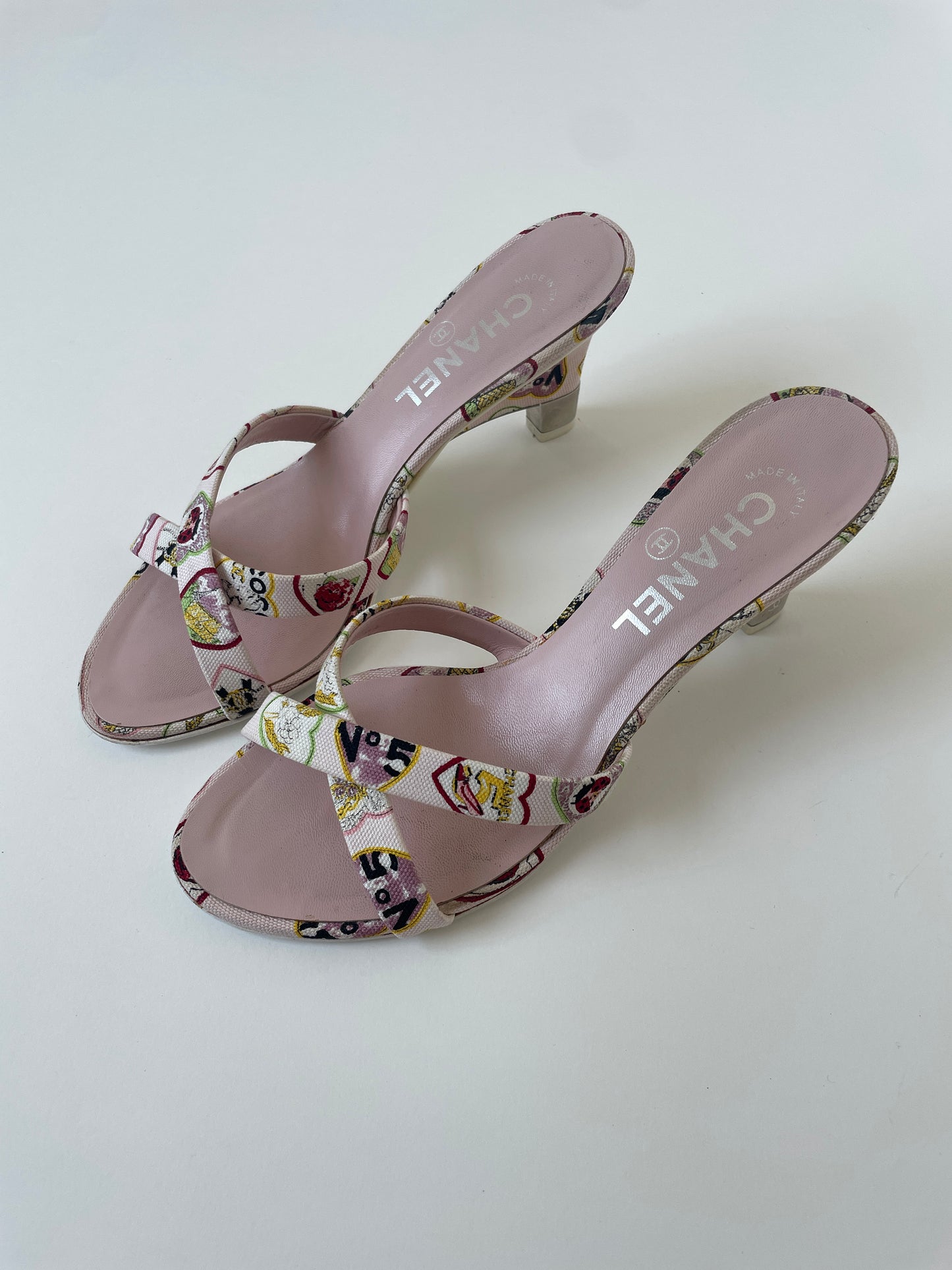 Vintage Chanel 2000s by Karl Lagerfeld light pink wedges with cute Paris themed comic print