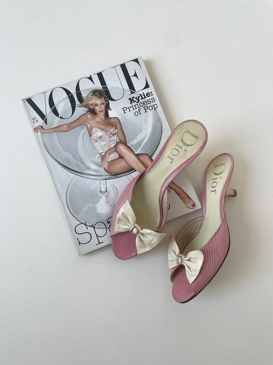 Vintage Christian Dior by John Galliano pink bow kitten heels with cute silver logo details