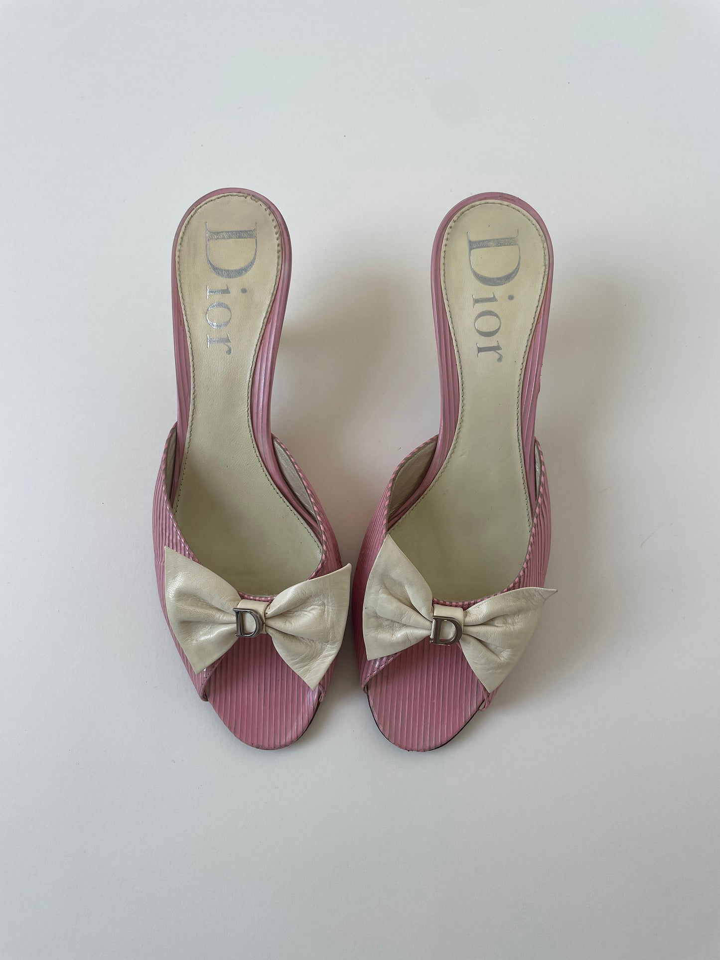 Vintage Christian Dior by John Galliano pink bow kitten heels with cute silver logo details