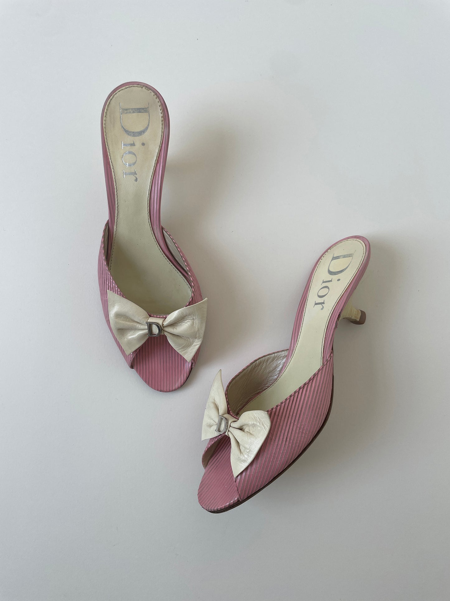 Vintage Christian Dior by John Galliano pink bow kitten heels with cute silver logo details