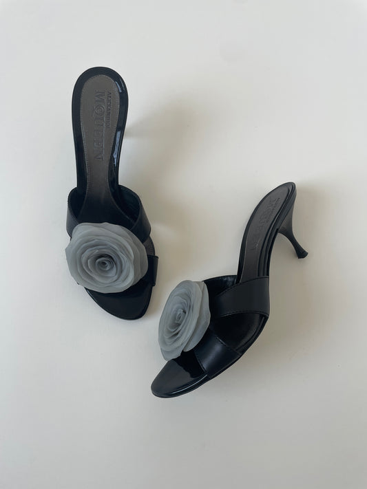 Alexander McQueen 2000s black kitten heels with chunky vinyl rose application