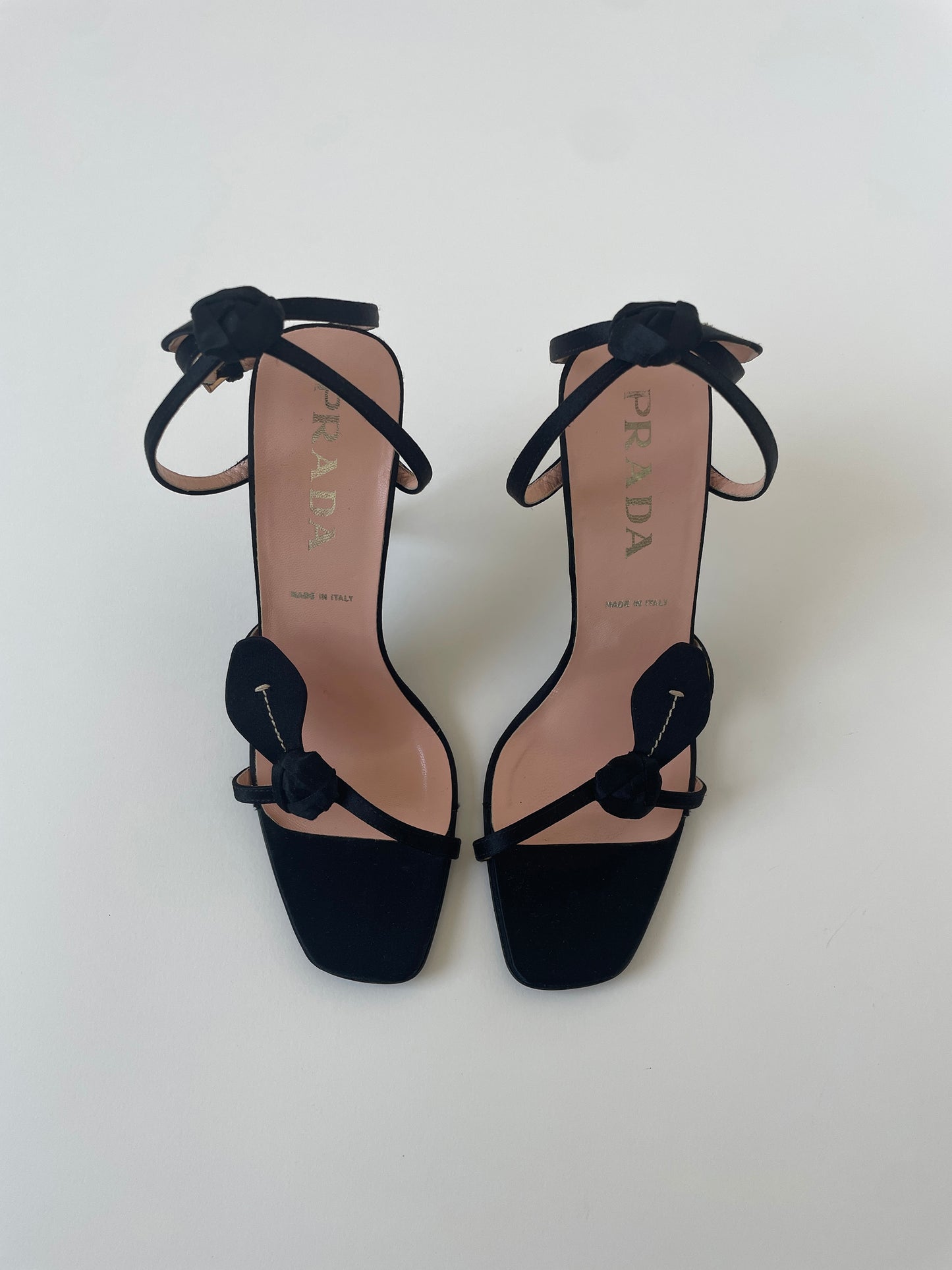Vintage Prada 1990s iconic black silk roses sandal heels.
