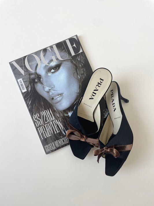 Vintage Prada 1990s black silk kitten heels with cute brown bow details.