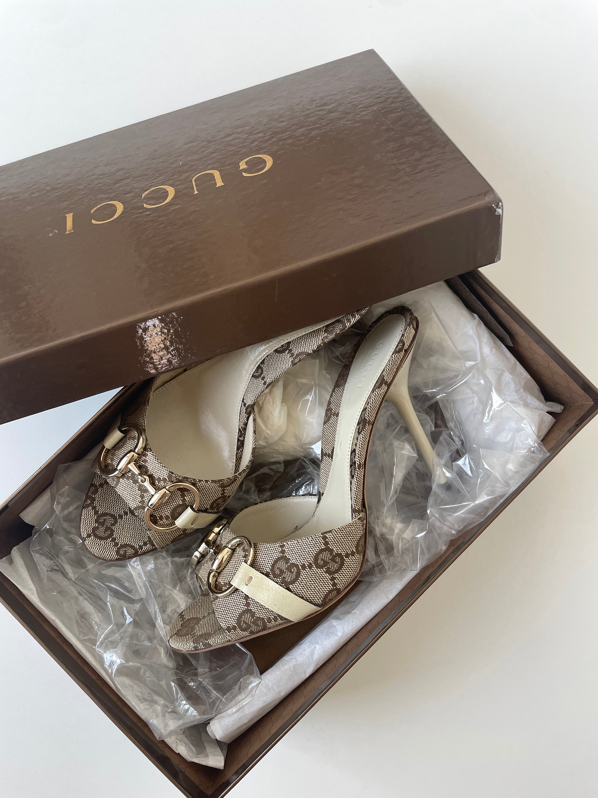Vintage 2000s Gucci by Tom Ford iconic horsebit monogram sandals in UNWORN condition.