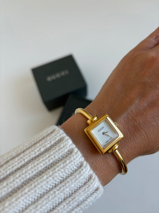 Gucci by Tom Ford 1990s 1900L 18K gold plated bangle square watch