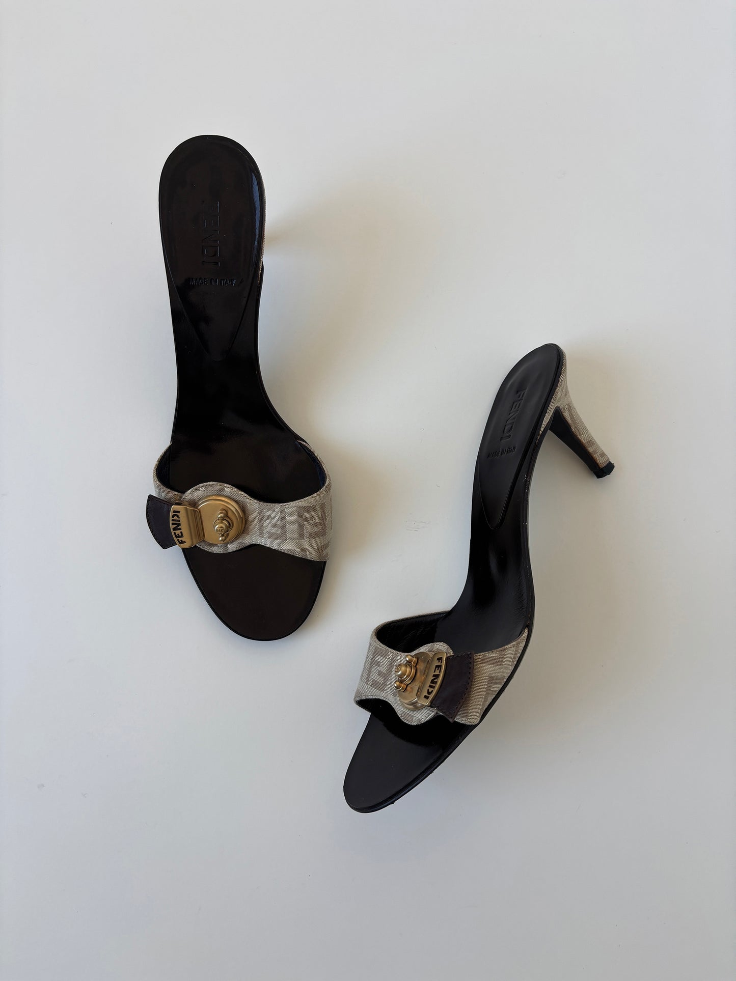 Fendi 2000s beige monogram kitten heels with cute Fendi logo lock detail