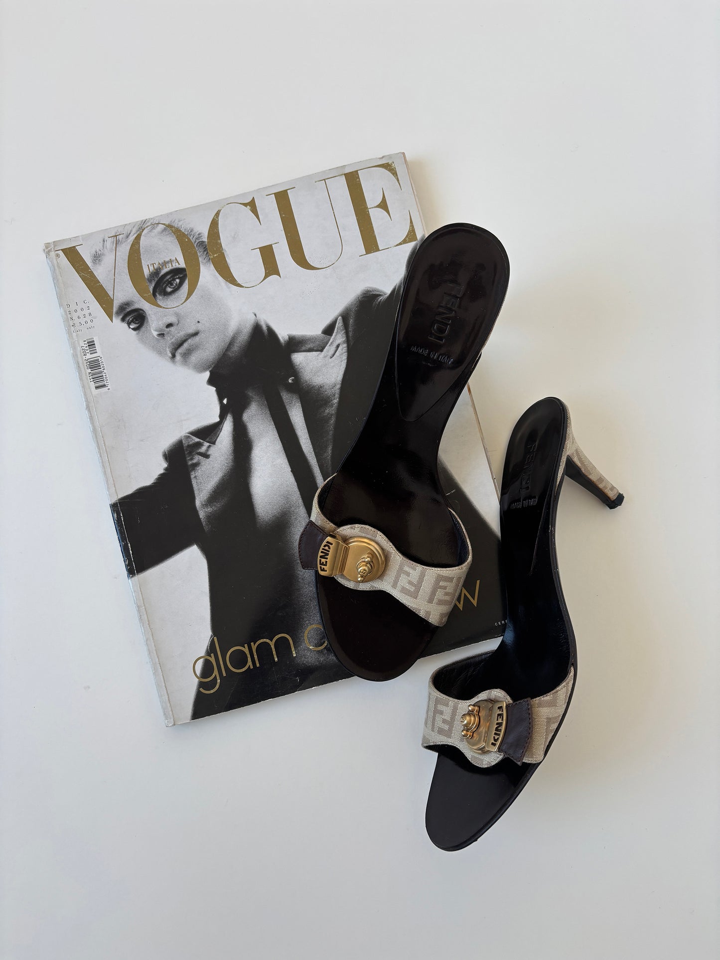 Fendi 2000s beige monogram kitten heels with cute Fendi logo lock detail