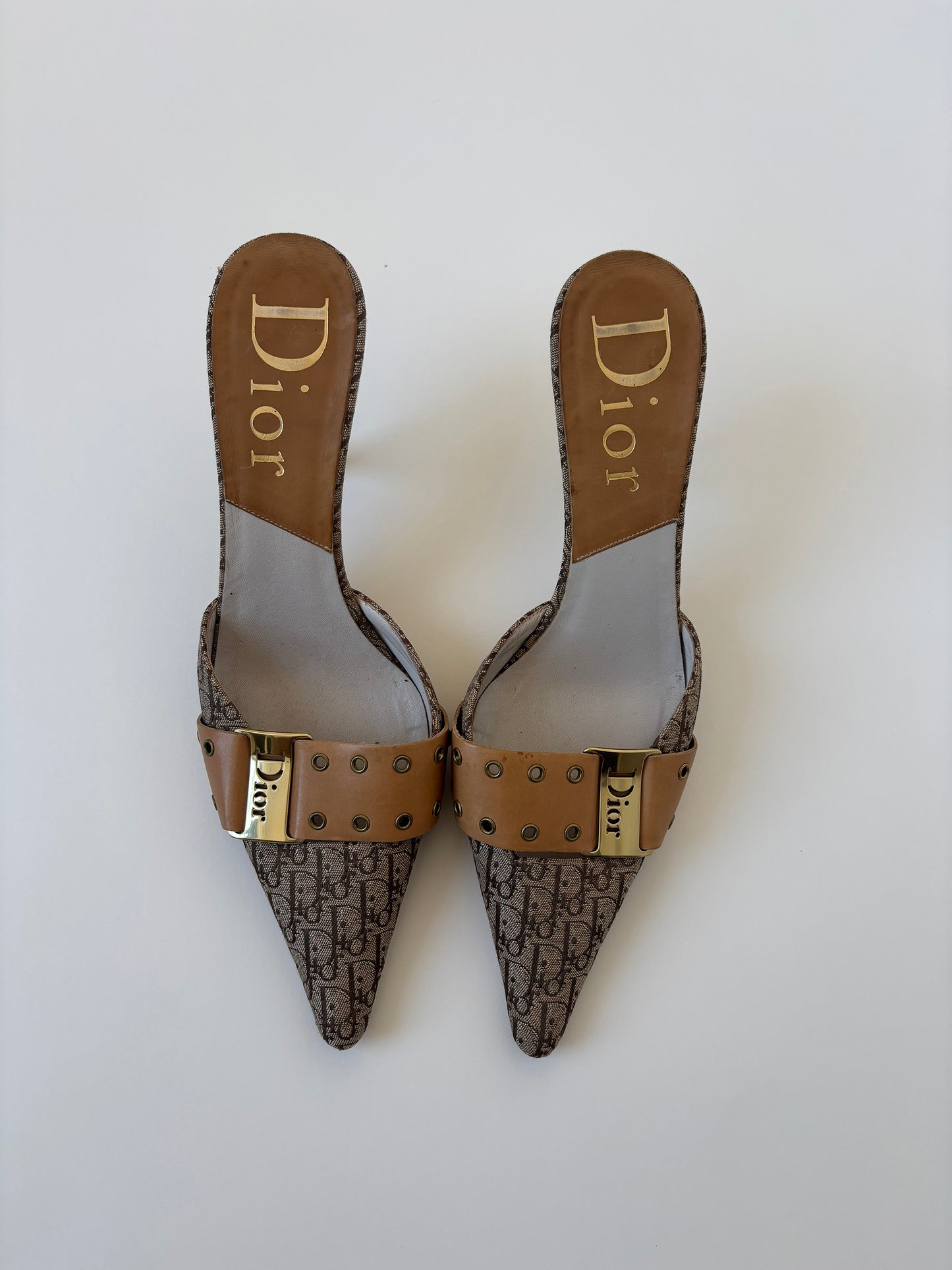 Vintage Christian Dior 2000s by John Galliano tan trotter monogram mules
