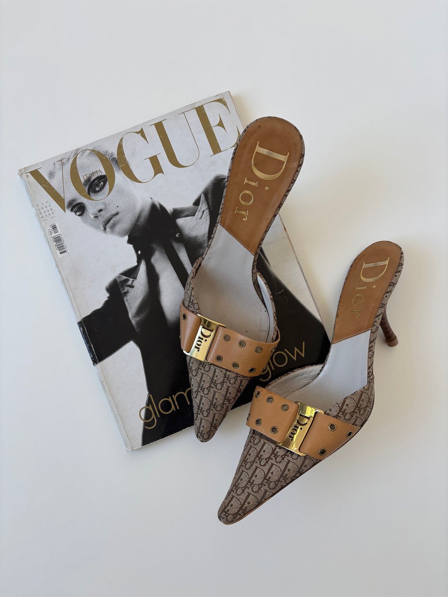 Vintage Christian Dior 2000s by John Galliano tan trotter monogram mules