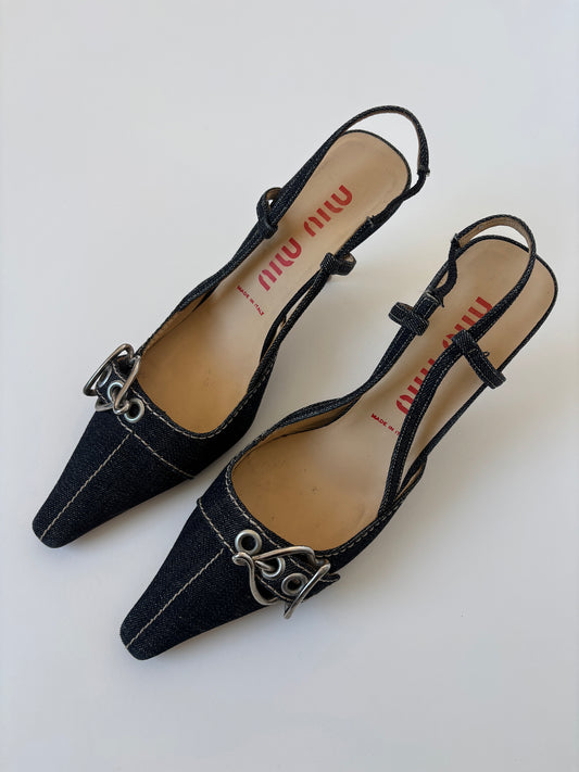 Miu Miu 2000s denim silver buckle sling back kitten heels (EU 38,5 / US 8)