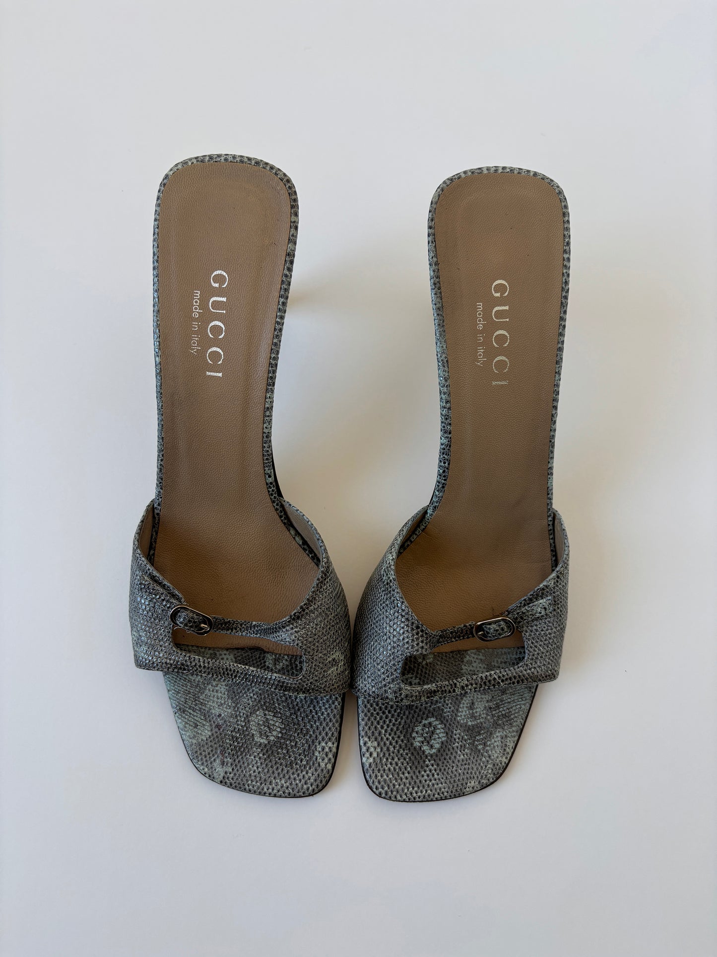 Vintage Gucci by Tom Ford 1990s double strap lizard sandal heels with slim silver buckle details