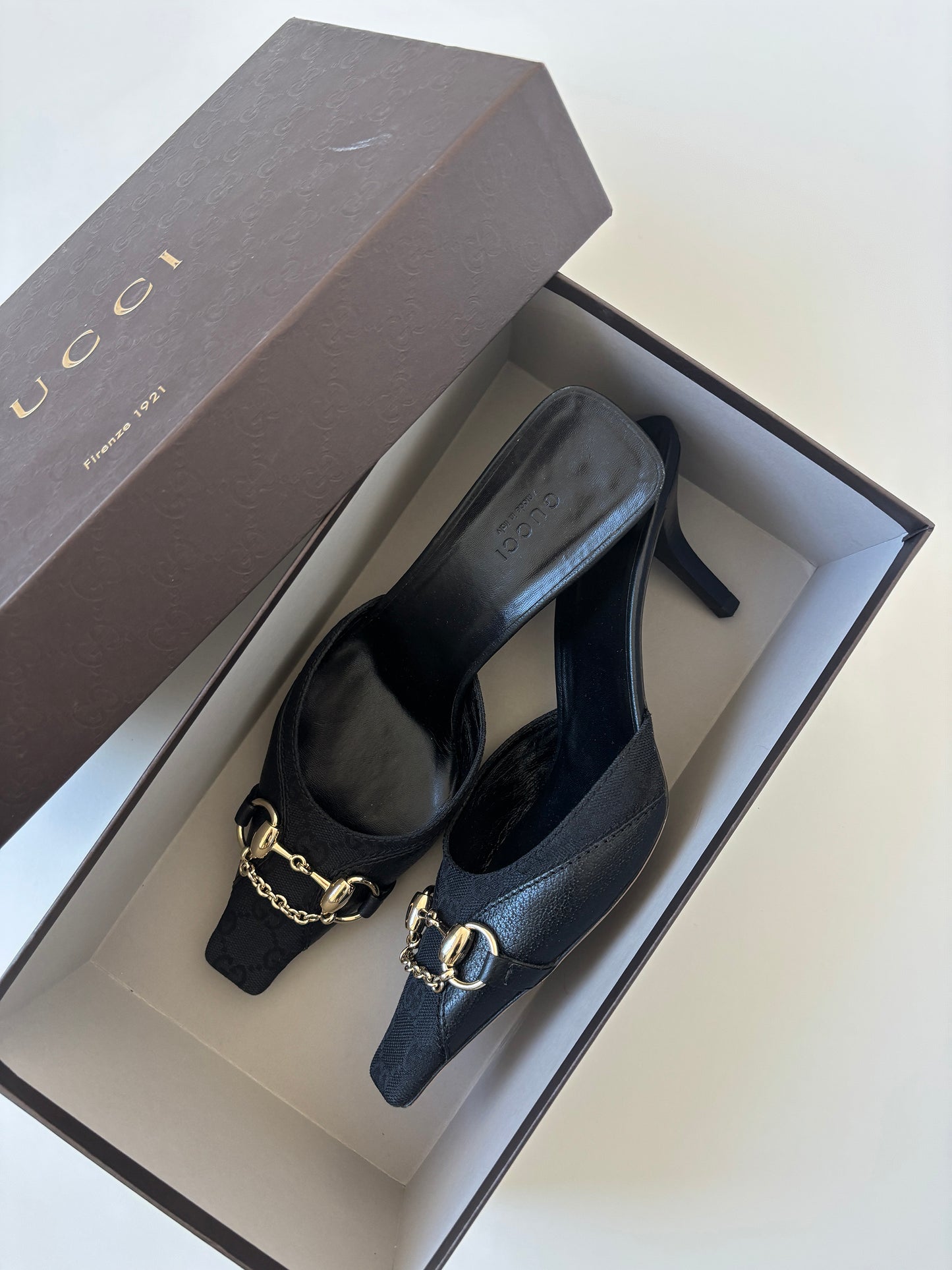 Vintage Gucci by Tom Ford 2000s black squared chain & monogram mules