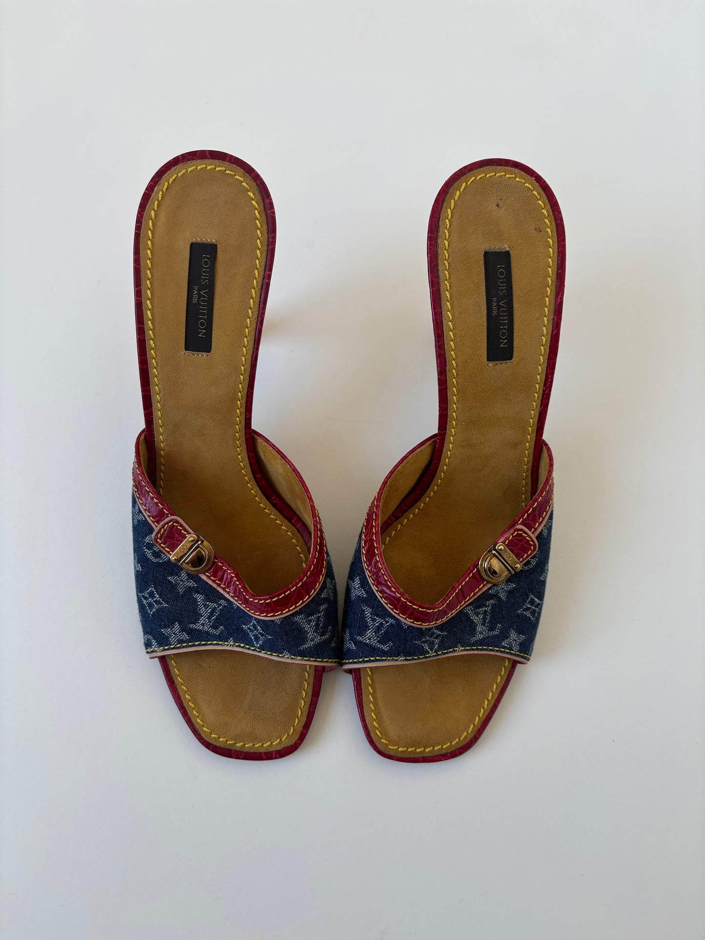 Vintage LV 2000s by Marc Jacobs iconic denim heels with red croc leather details and mini buckle