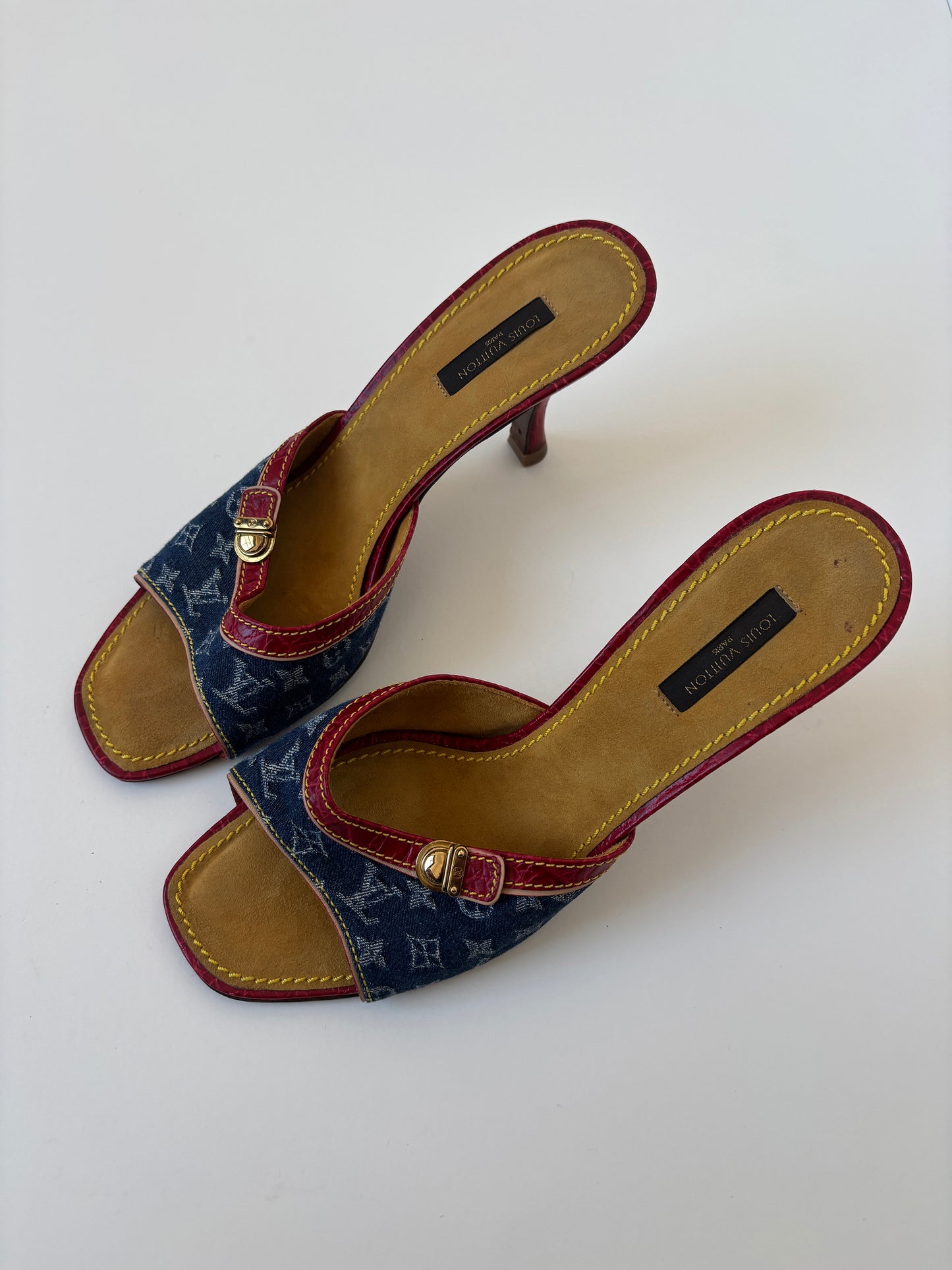 Vintage LV 2000s by Marc Jacobs iconic denim heels with red croc leather details and mini buckle