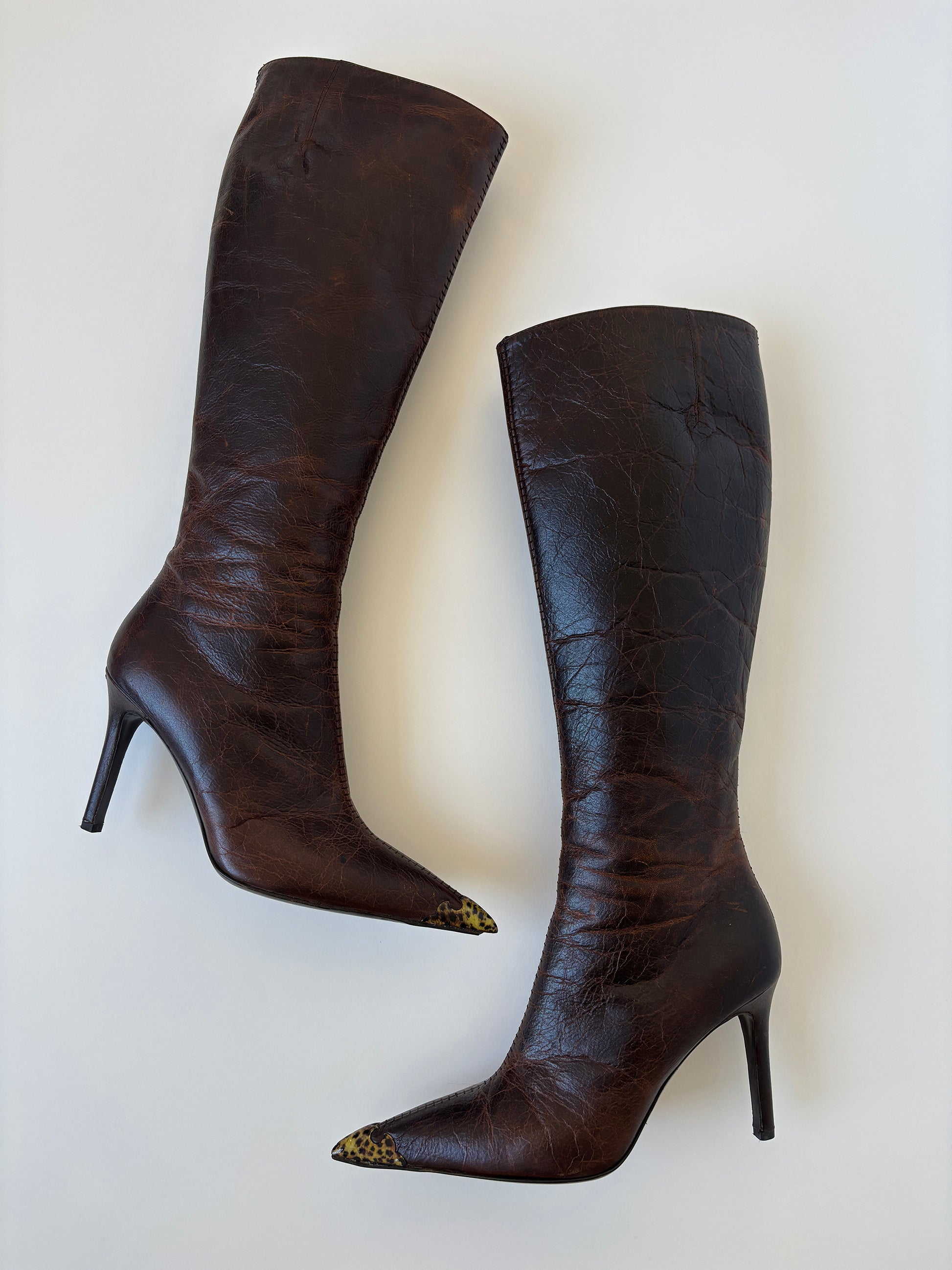 Vintage Roberto Cavalli F/W 2001 iconic distressed dark brown boots with leopard details.