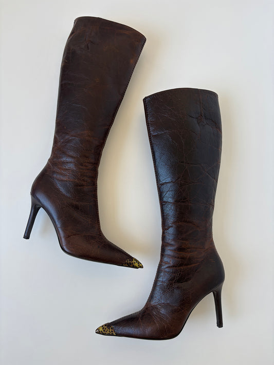 Vintage Roberto Cavalli F/W 2001 iconic distressed dark brown boots with leopard details.