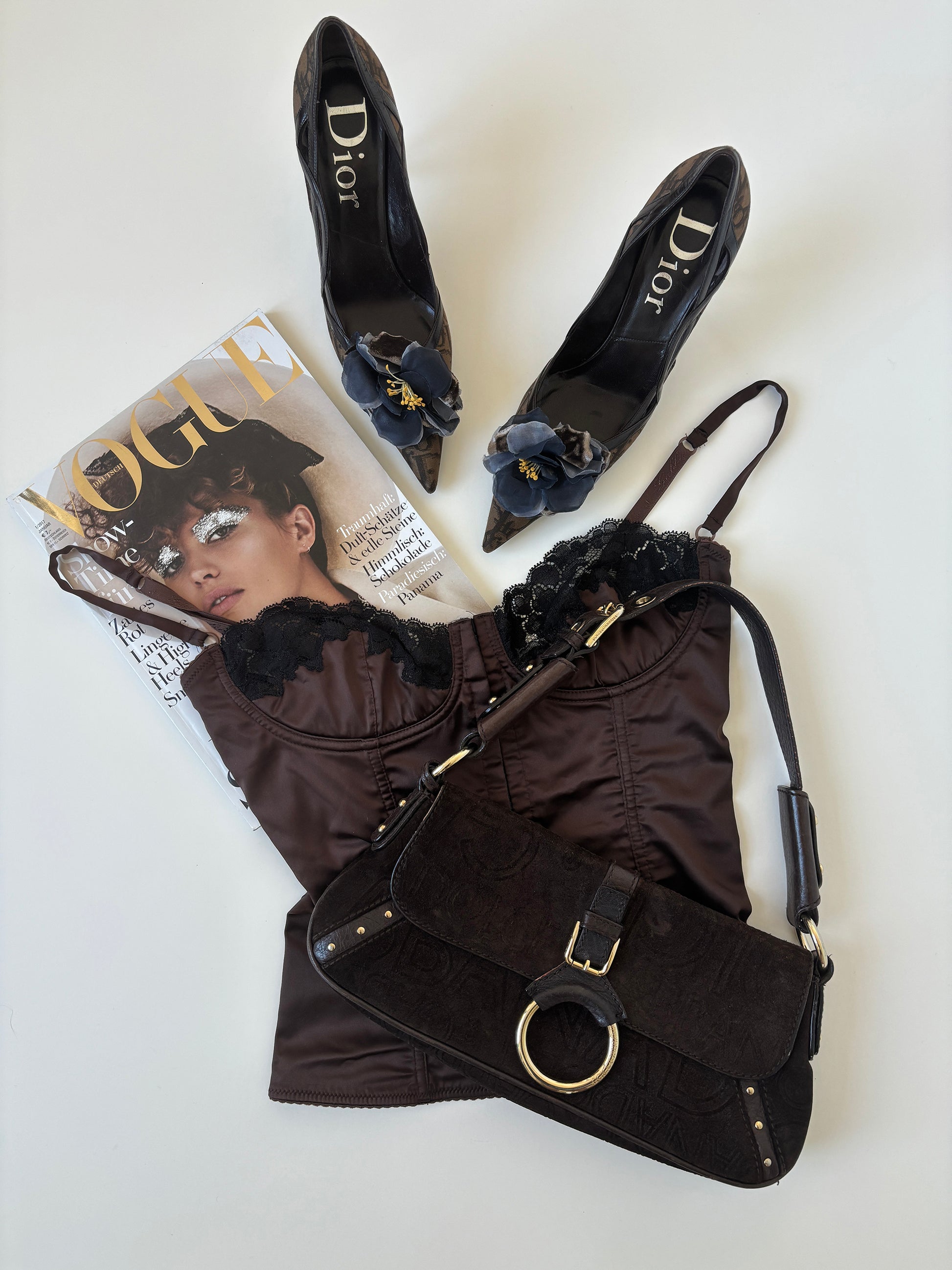 Vintage Dolce & Gabbana 2000s dark brown satin bra corset top with black lace details