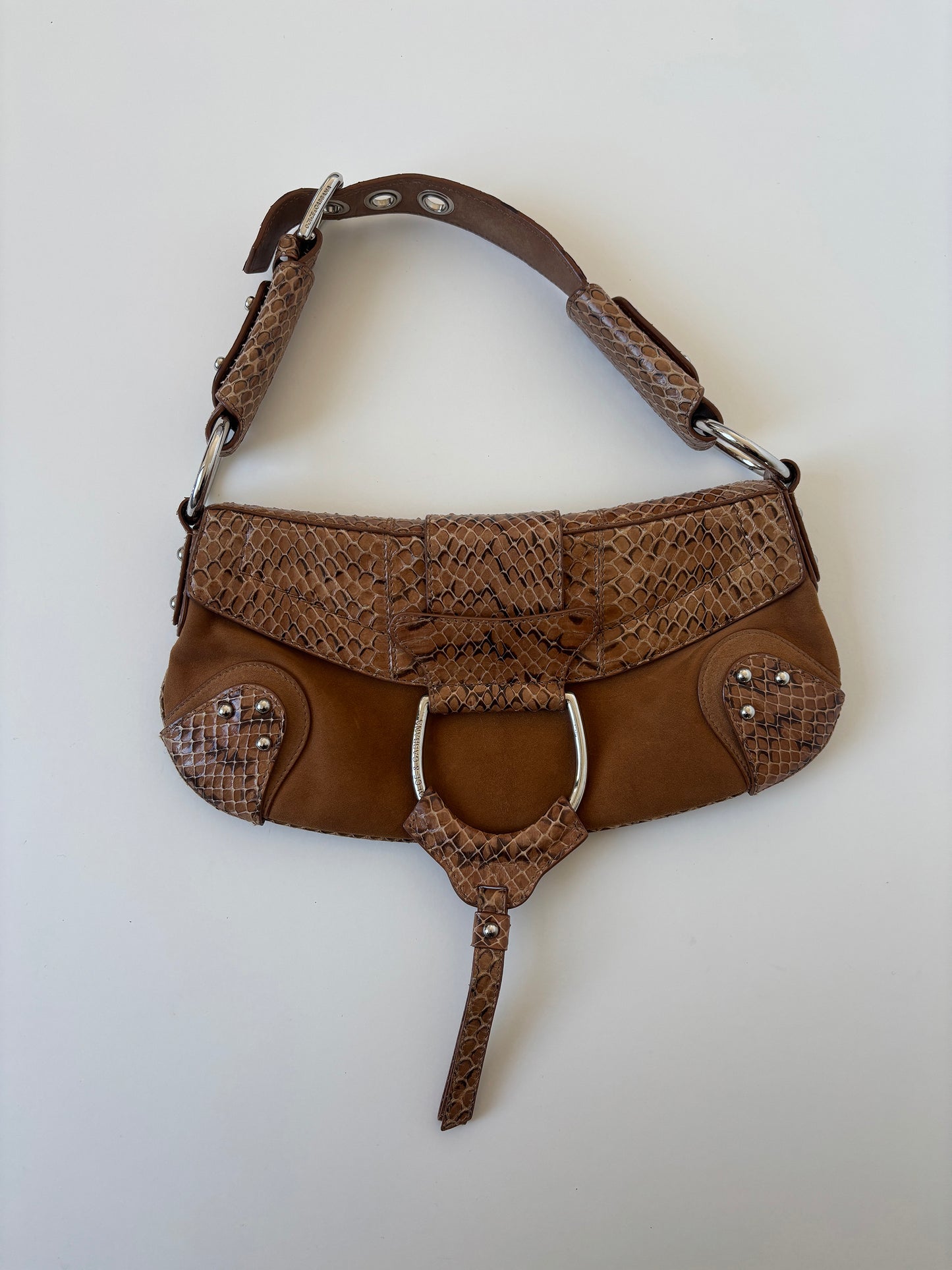 Vintage Dolce & Gabbana D-Ring baguette bag with tan suede, python leather.