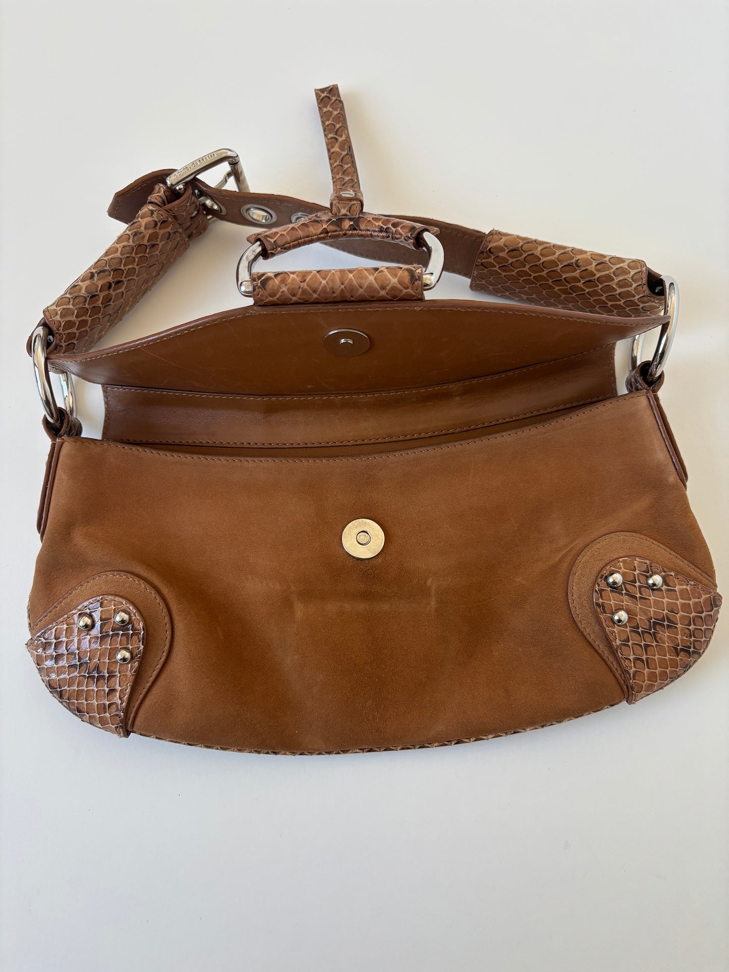 Vintage Dolce & Gabbana D-Ring baguette bag with tan suede, python leather.